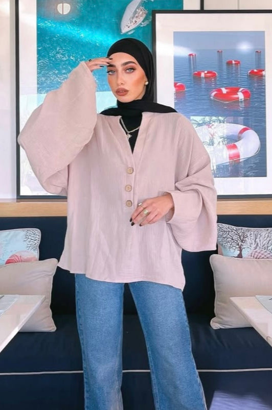 Oversized Buttoned Blouse - Beige