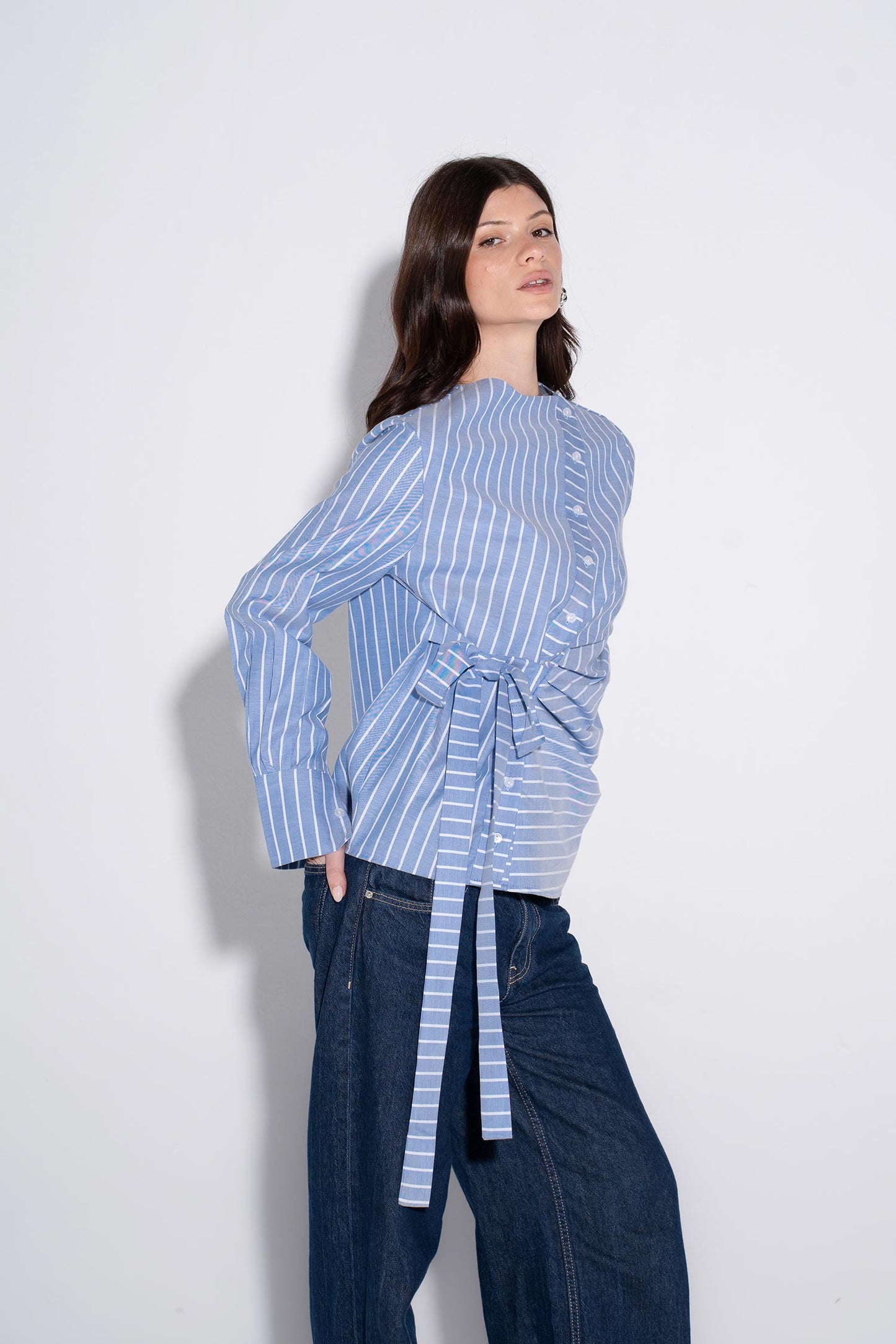 Striped Draped Wrap Shirt - Blue
