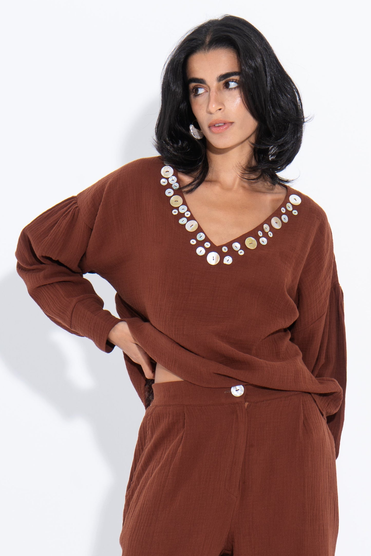 Seashell V-Neck Blouse - Brown