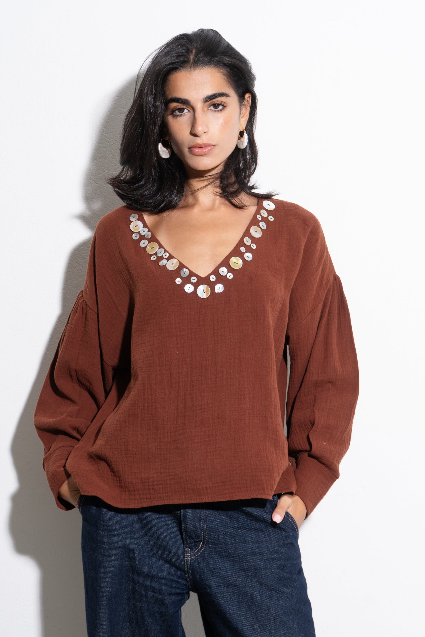 Seashell V-Neck Blouse - Brown