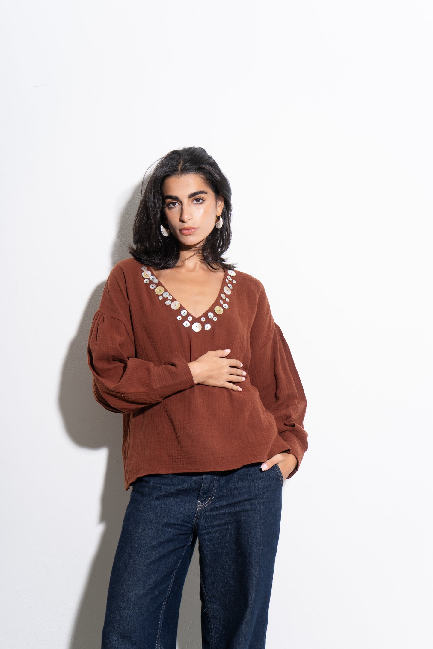 Seashell V-Neck Blouse - Brown