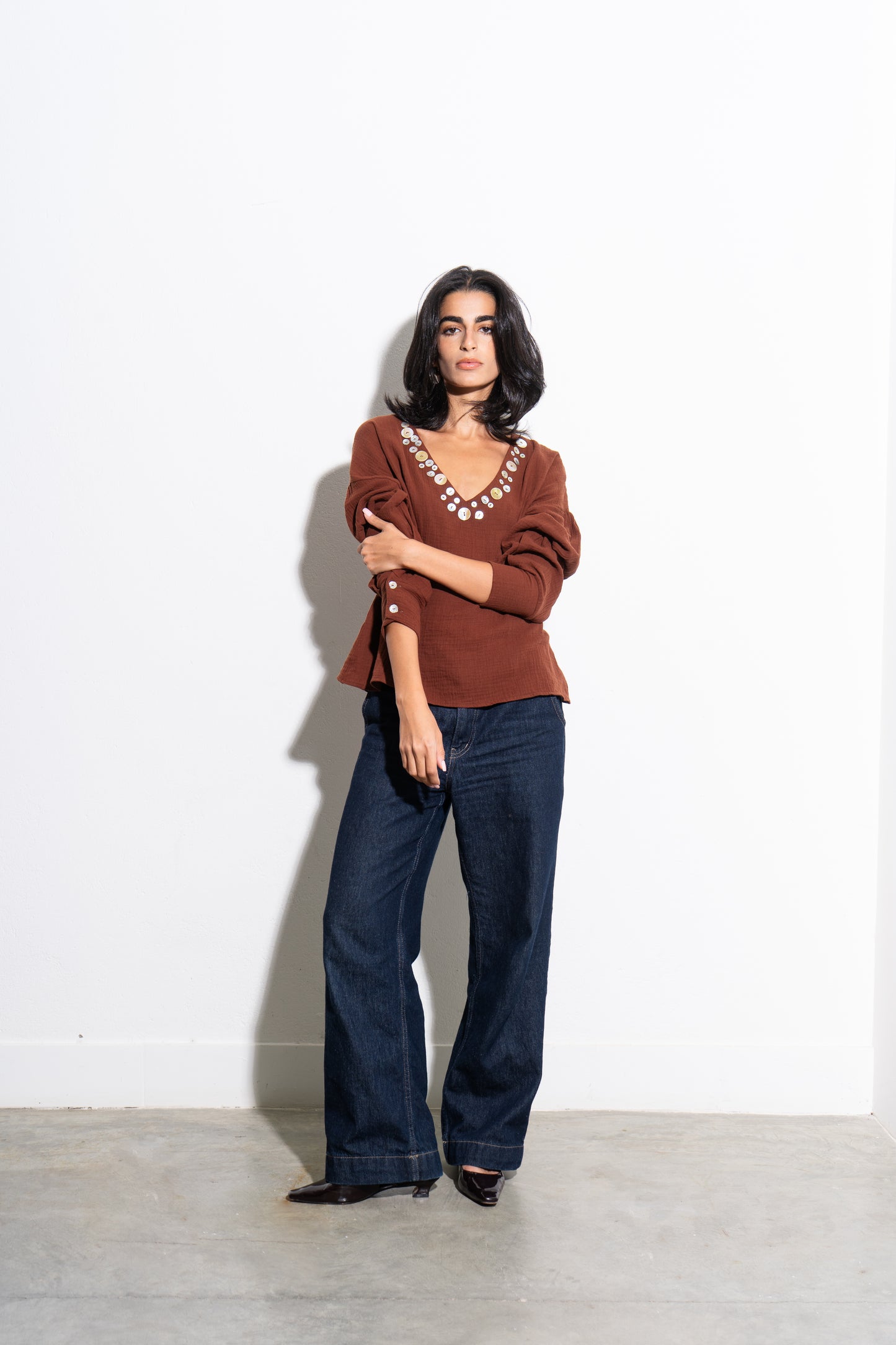 Seashell V-Neck Blouse - Brown
