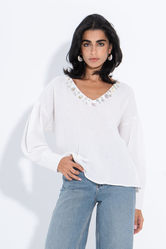 Seashell V-Neck Blouse - White