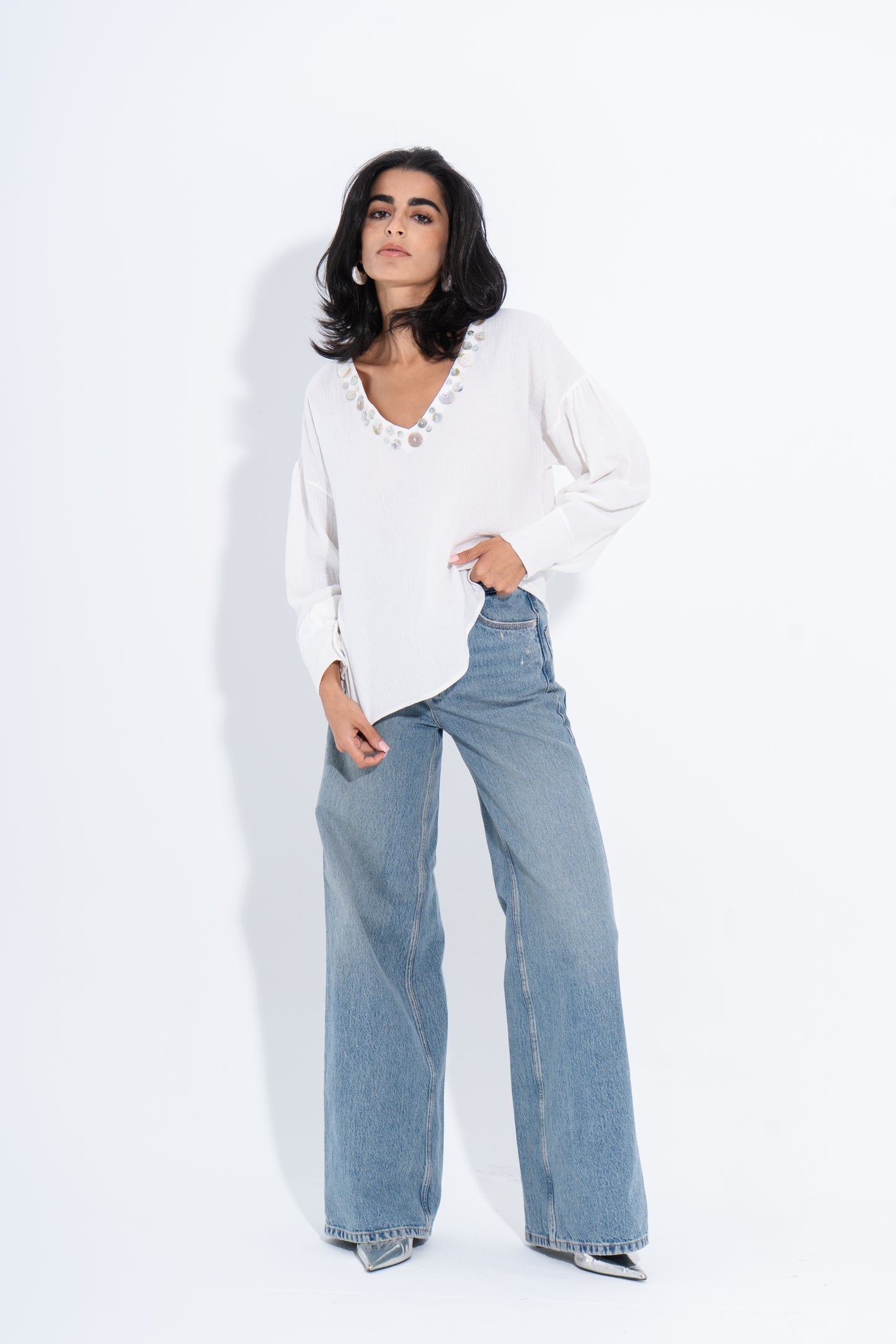Seashell V-Neck Blouse - White