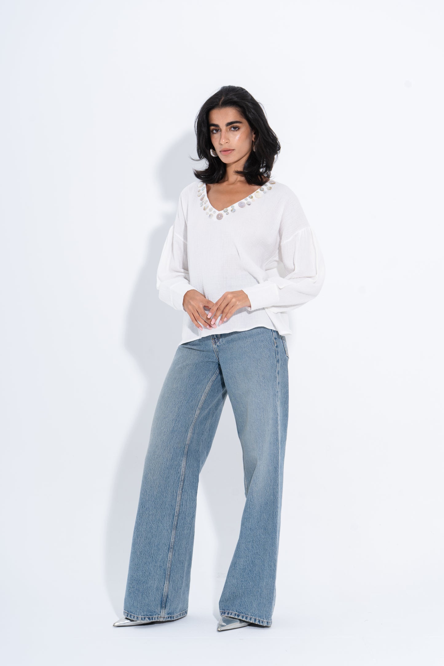 Seashell V-Neck Blouse - White