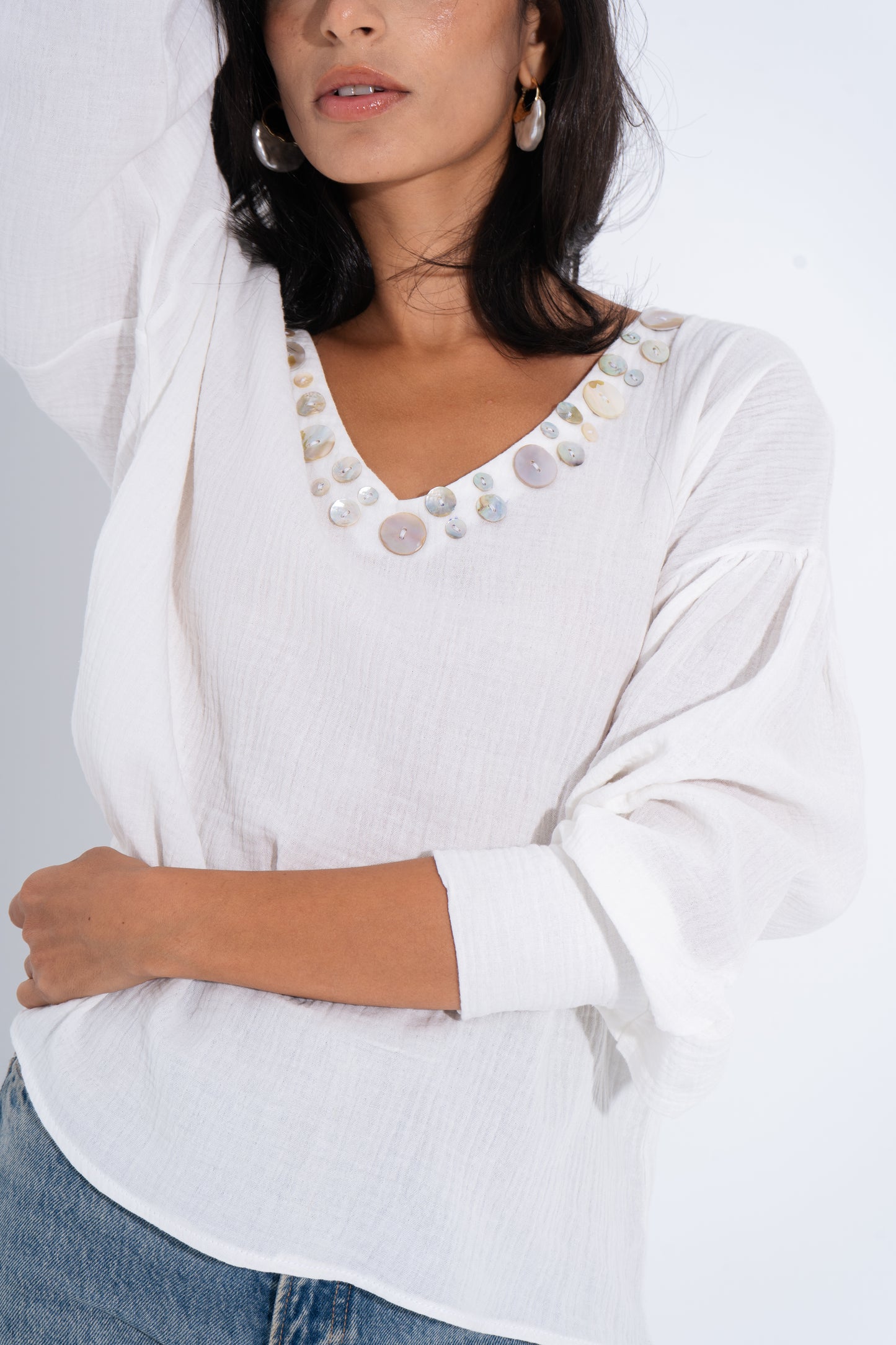 Seashell V-Neck Blouse - White