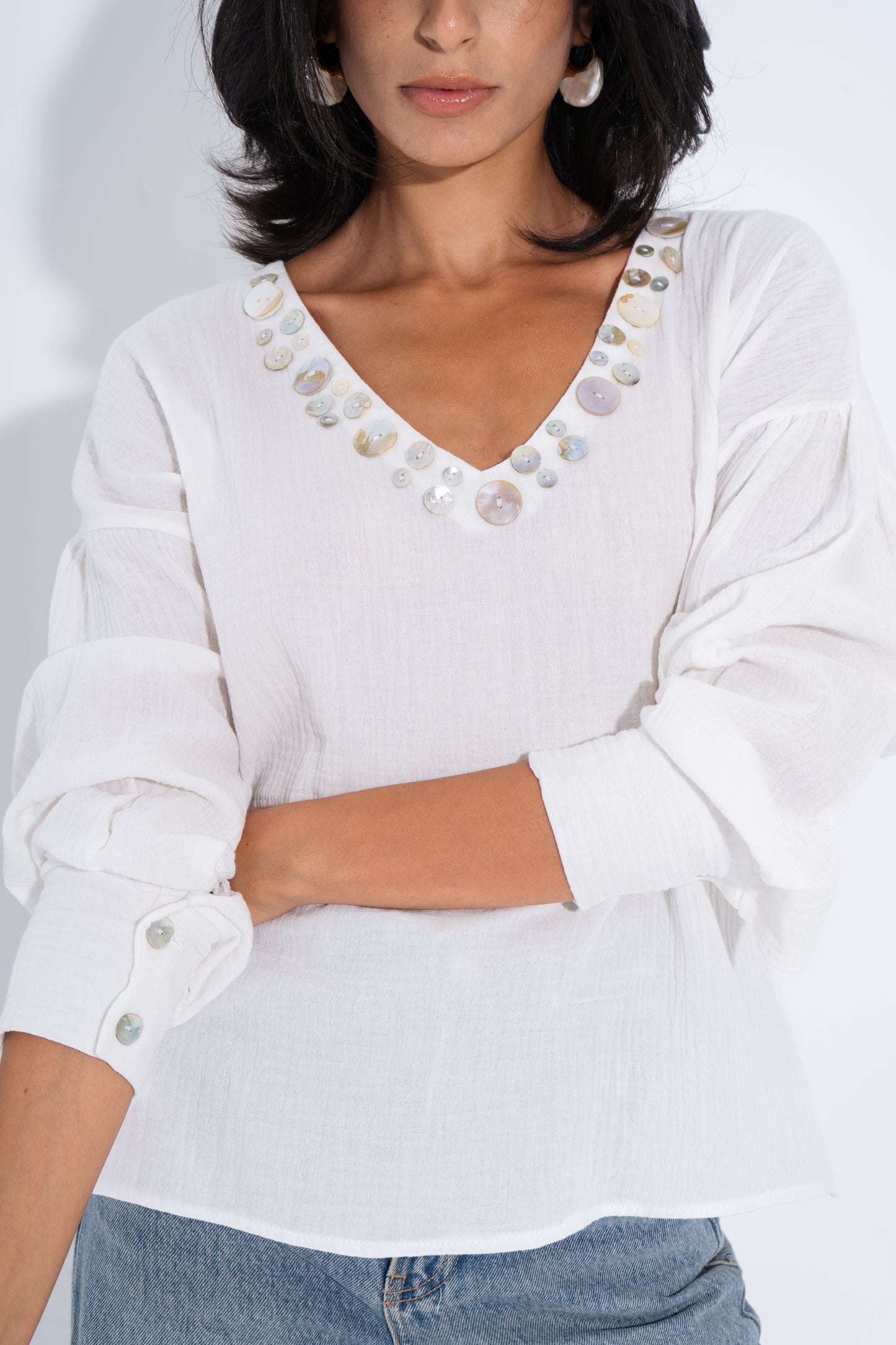 Seashell V-Neck Blouse - White