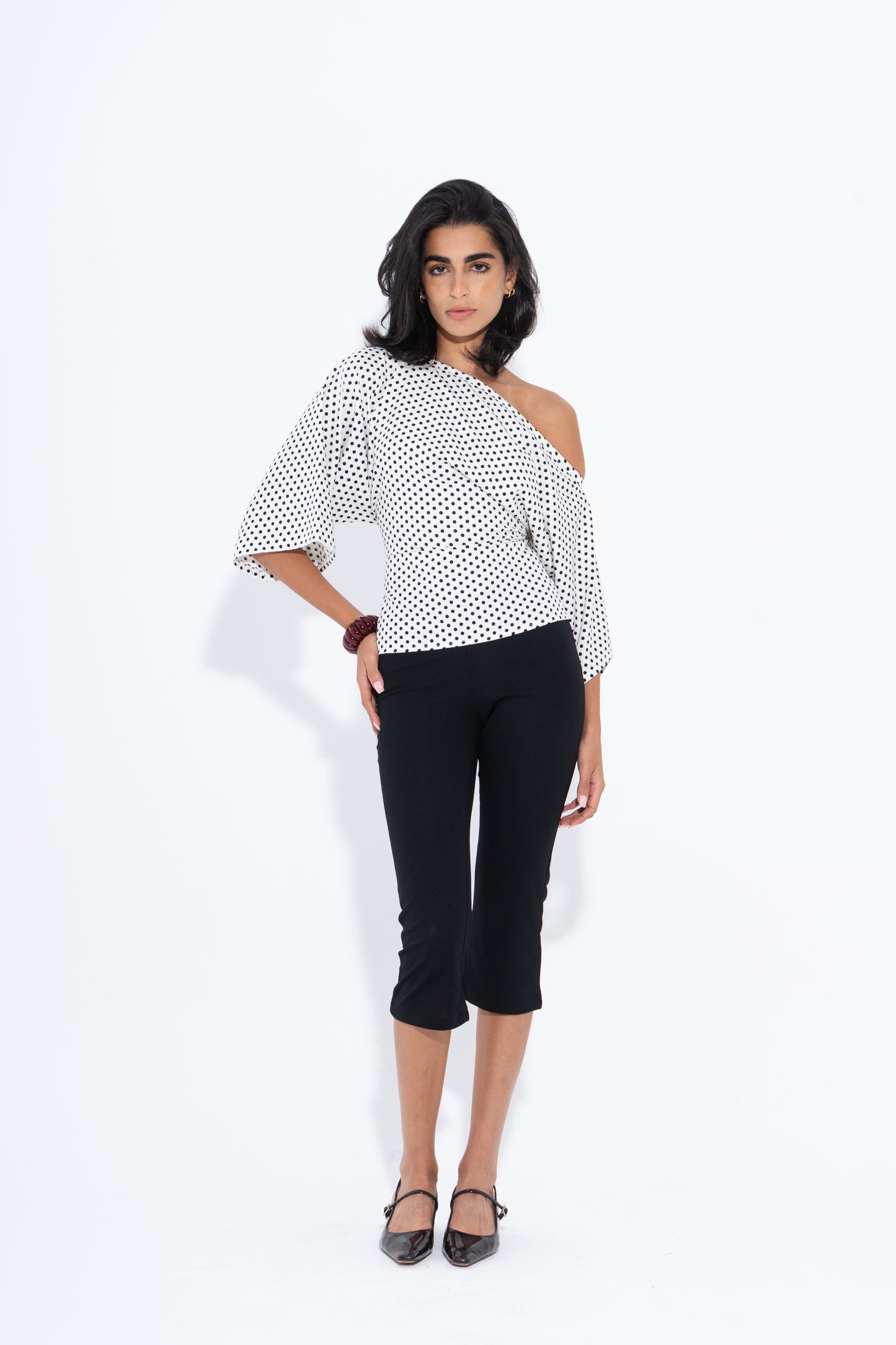 Polka Dots One Shoulder Top - White