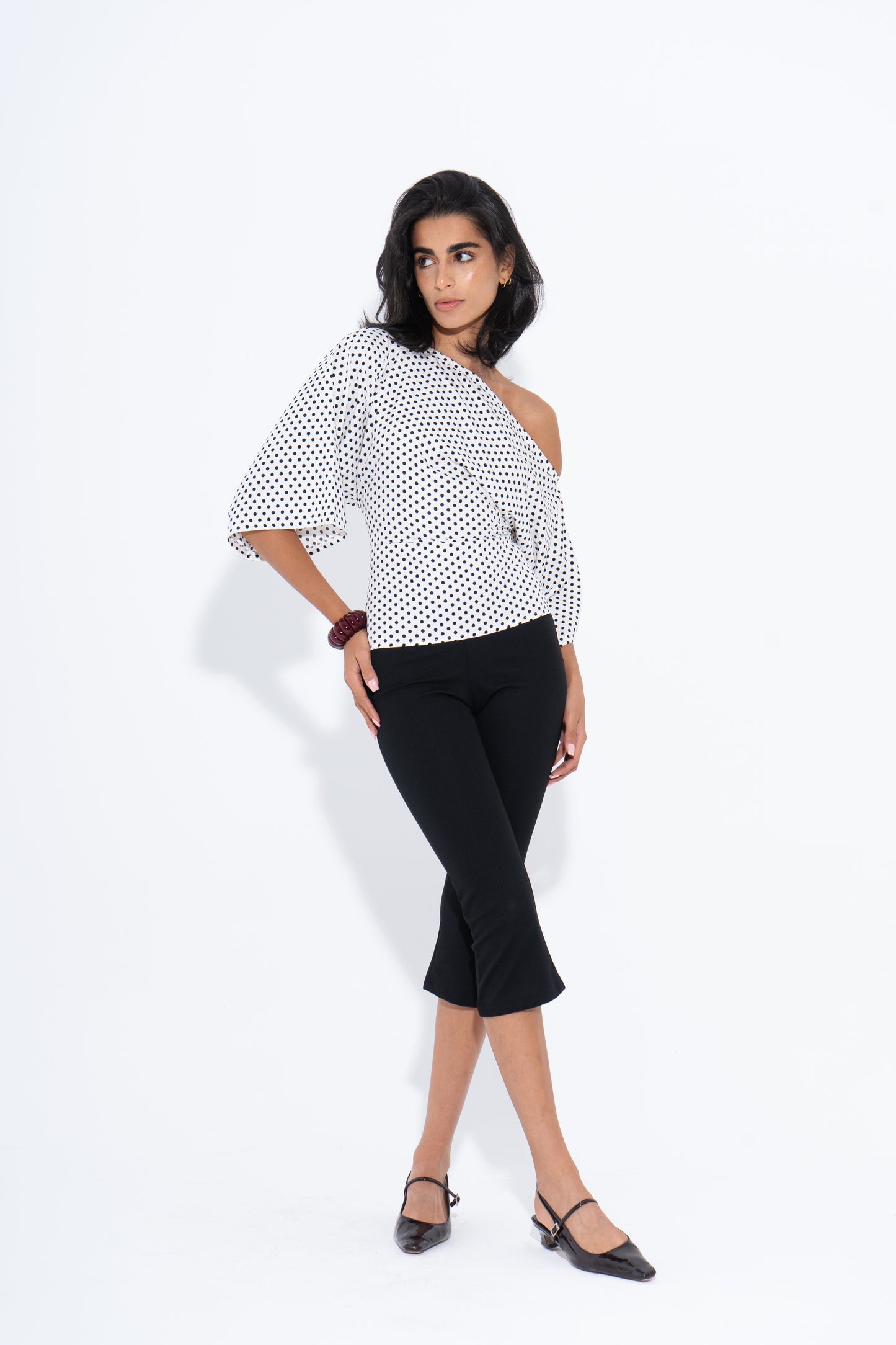 Polka Dots One Shoulder Top - White