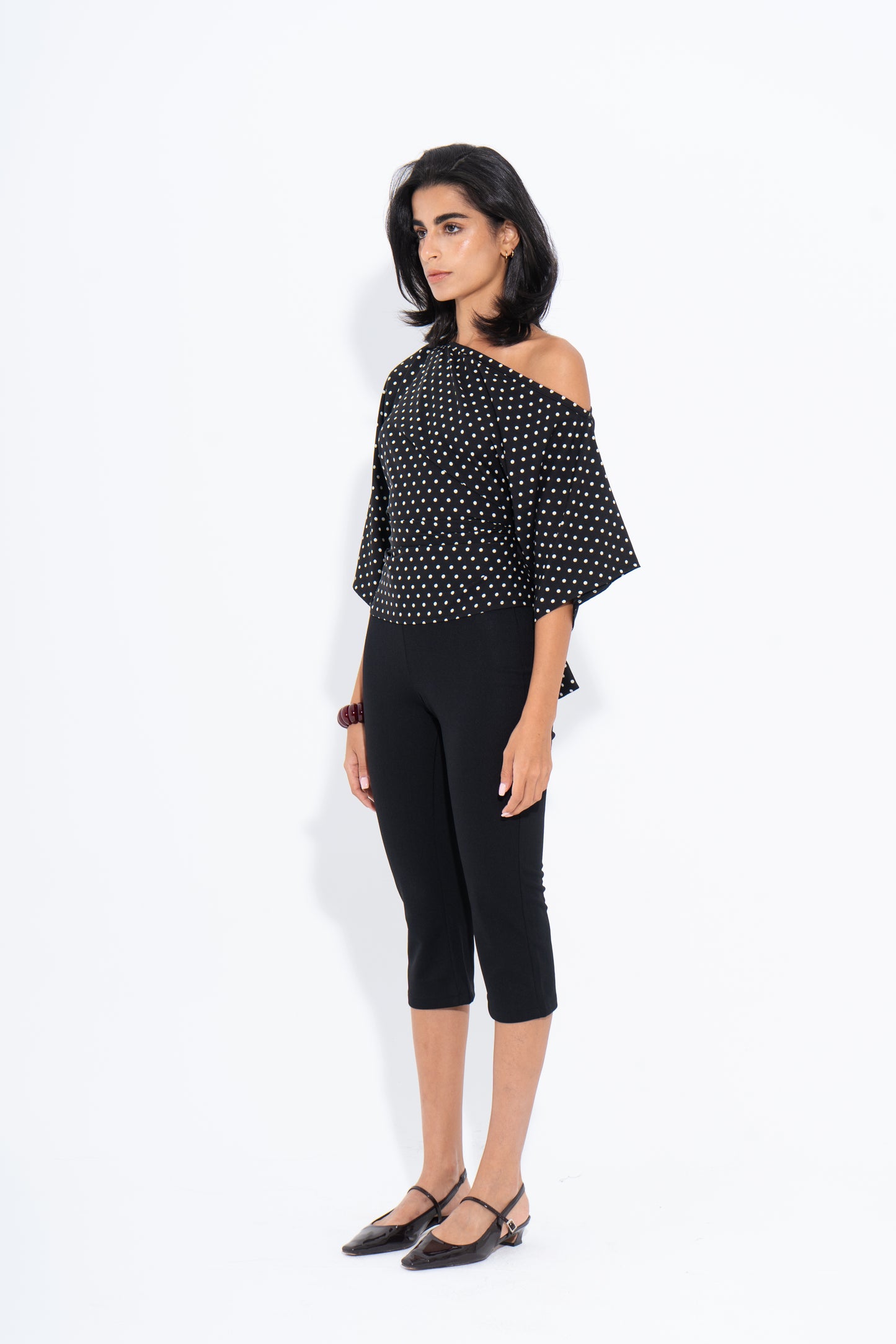 Polka Dots One Shoulder Top - Black