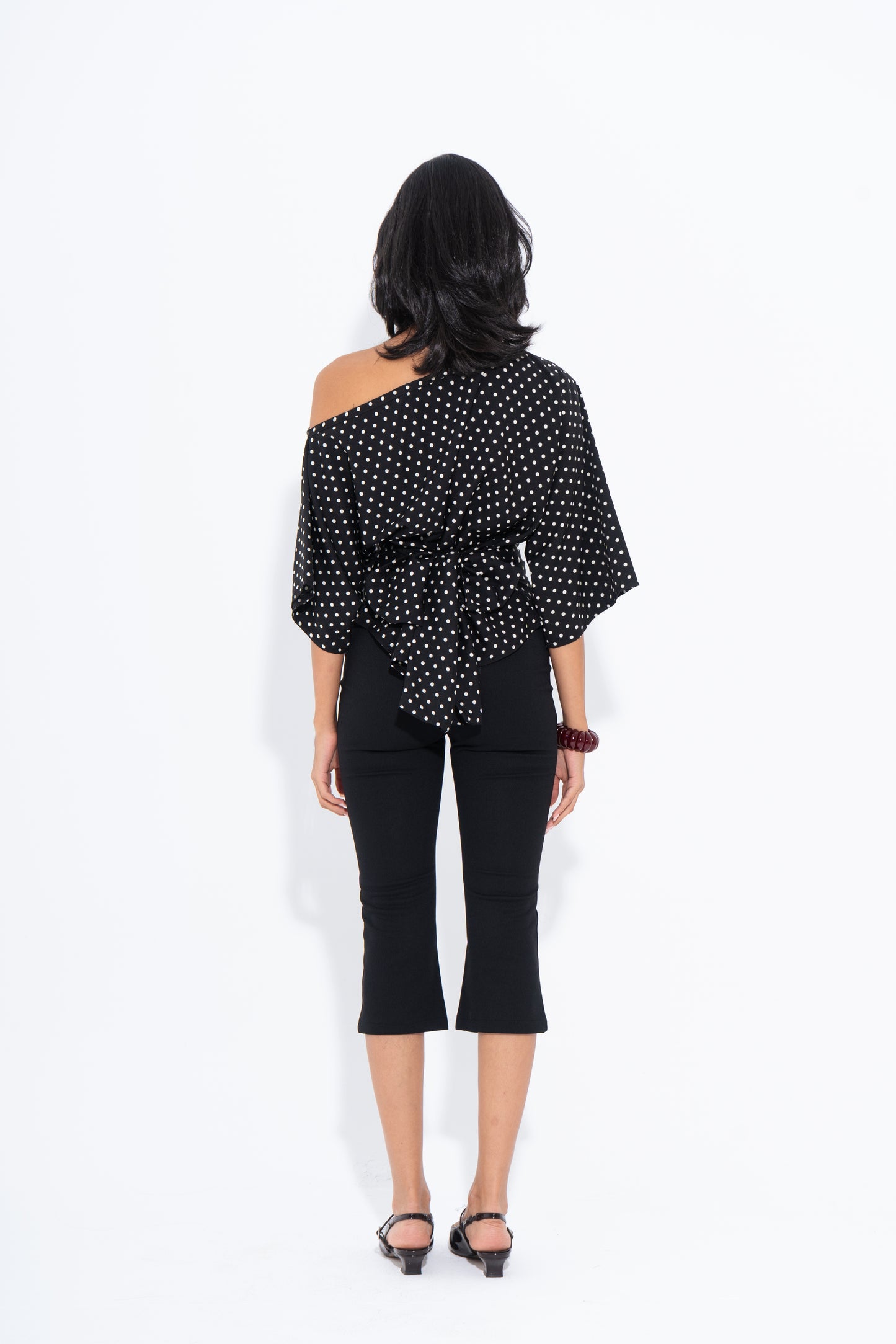 Polka Dots One Shoulder Top - Black
