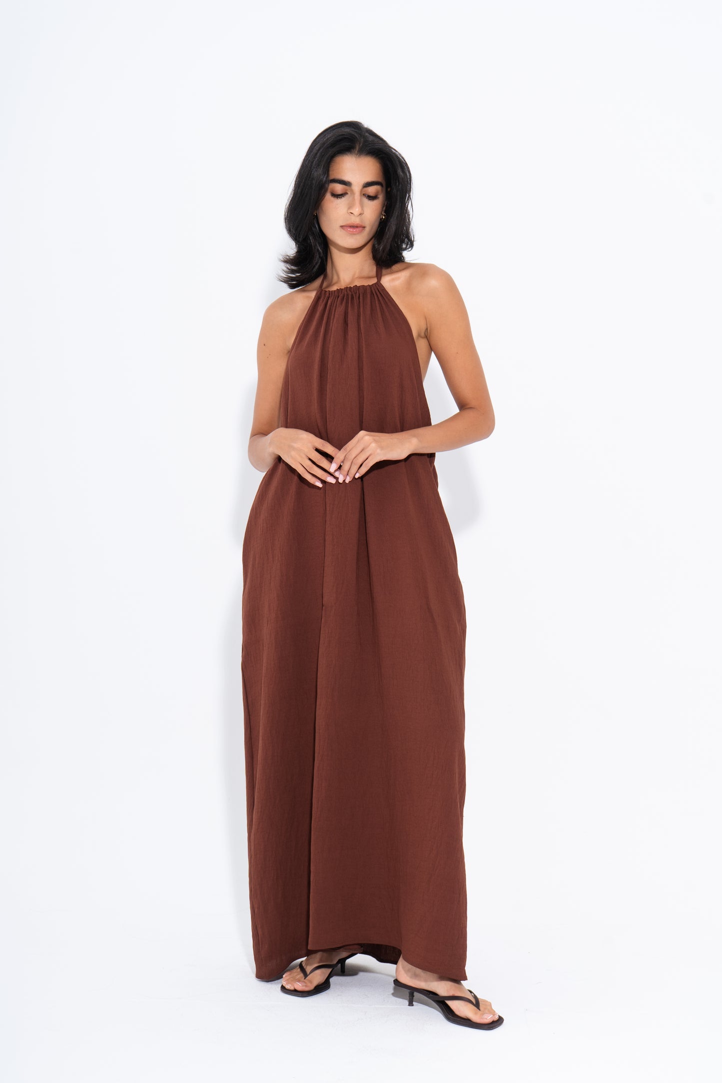Halter Maxi Flow Dress - Brown