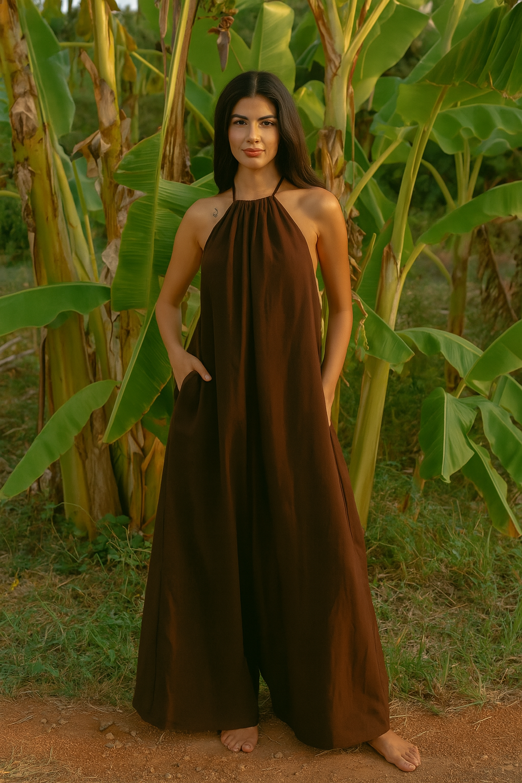 Halter Maxi Flow Dress - Brown