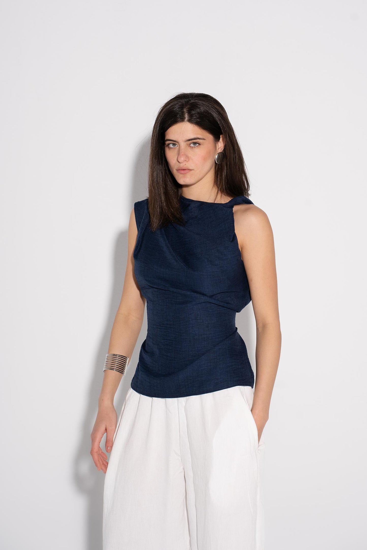 Draped Sleeveless Top - Navy
