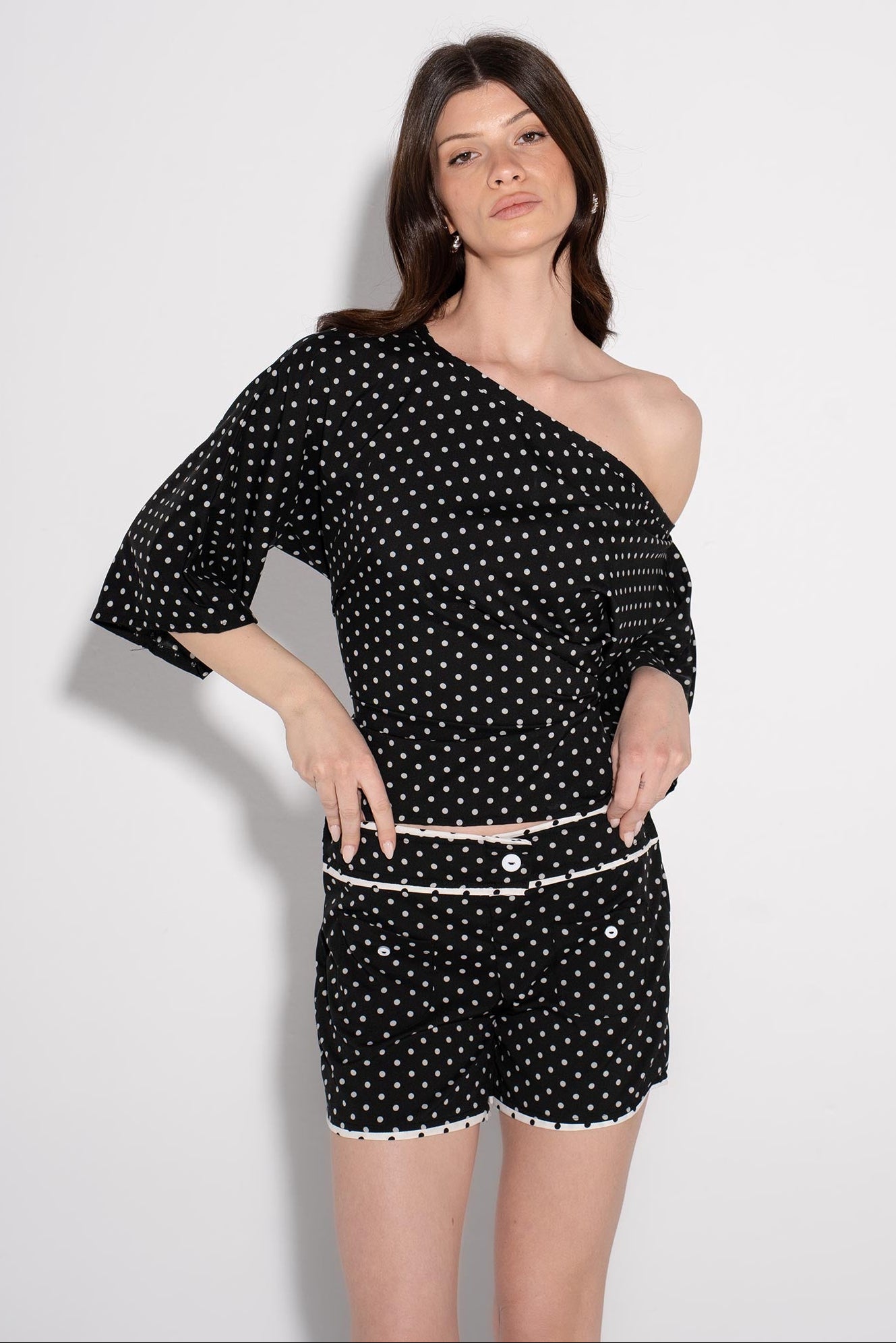 Polka Dots One Shoulder Set - Black