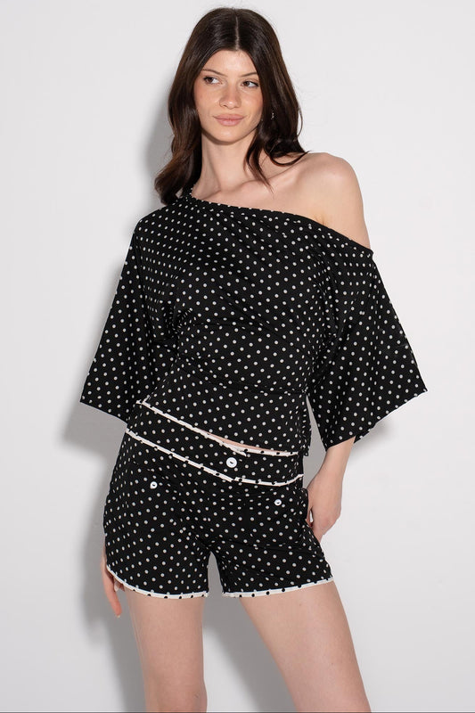 Polka Dots One Shoulder Set - Black