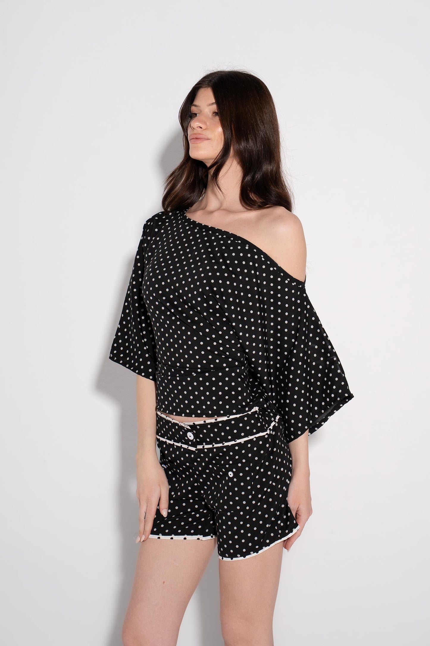 Polka Dots One Shoulder Set - Black