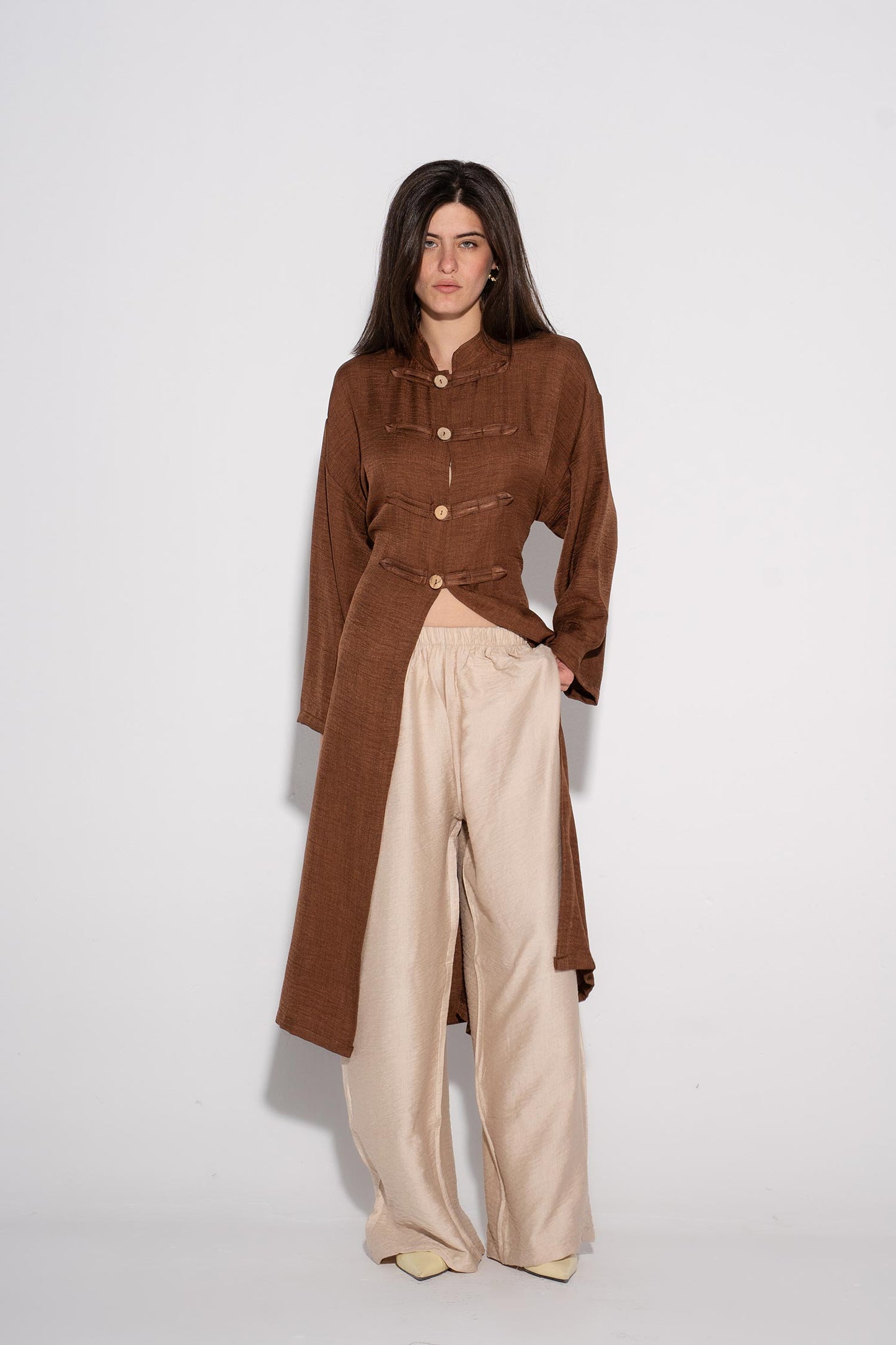 Longline Buttoned Kimono - Cafe