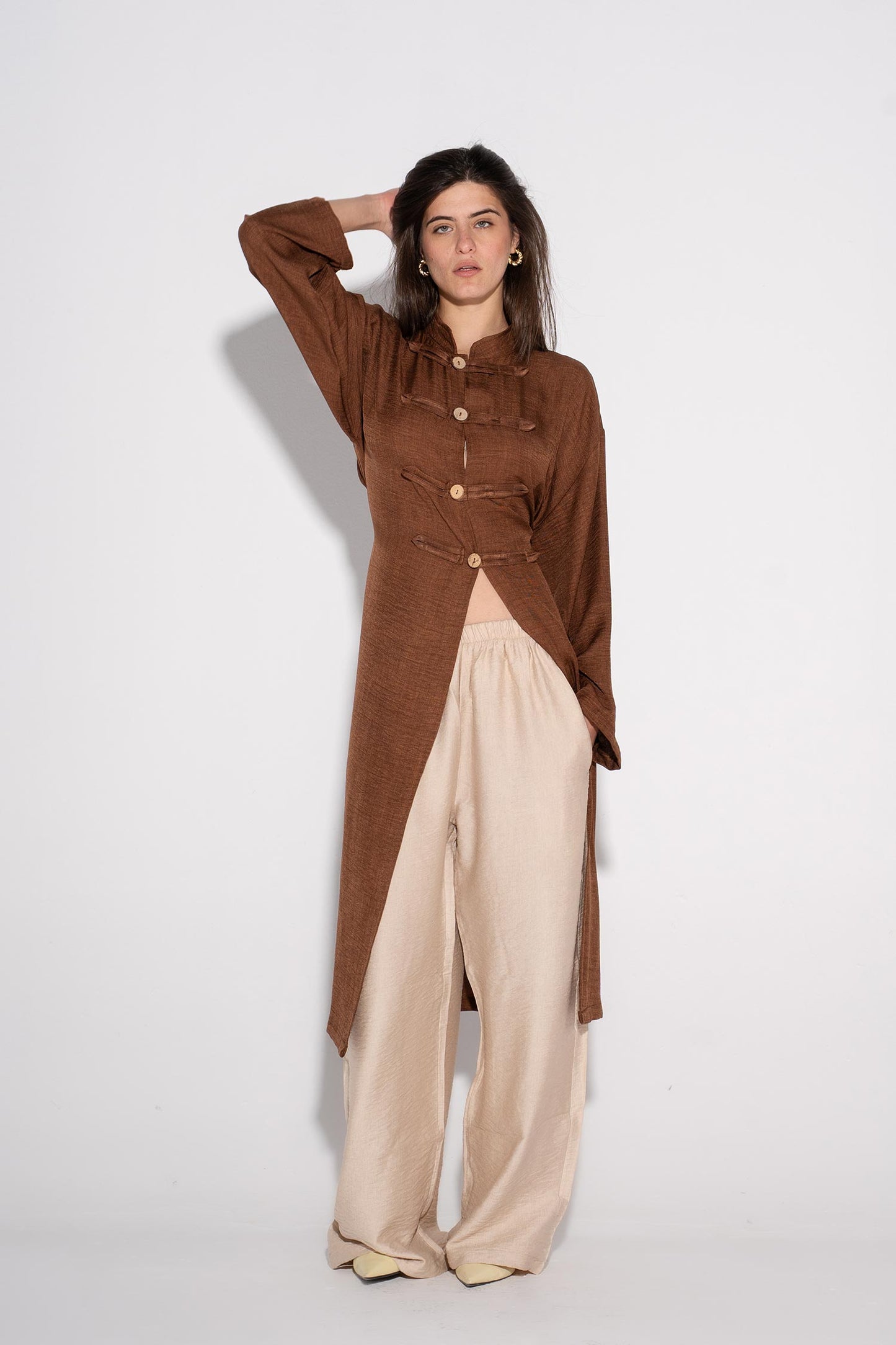 Longline Buttoned Kimono - Cafe