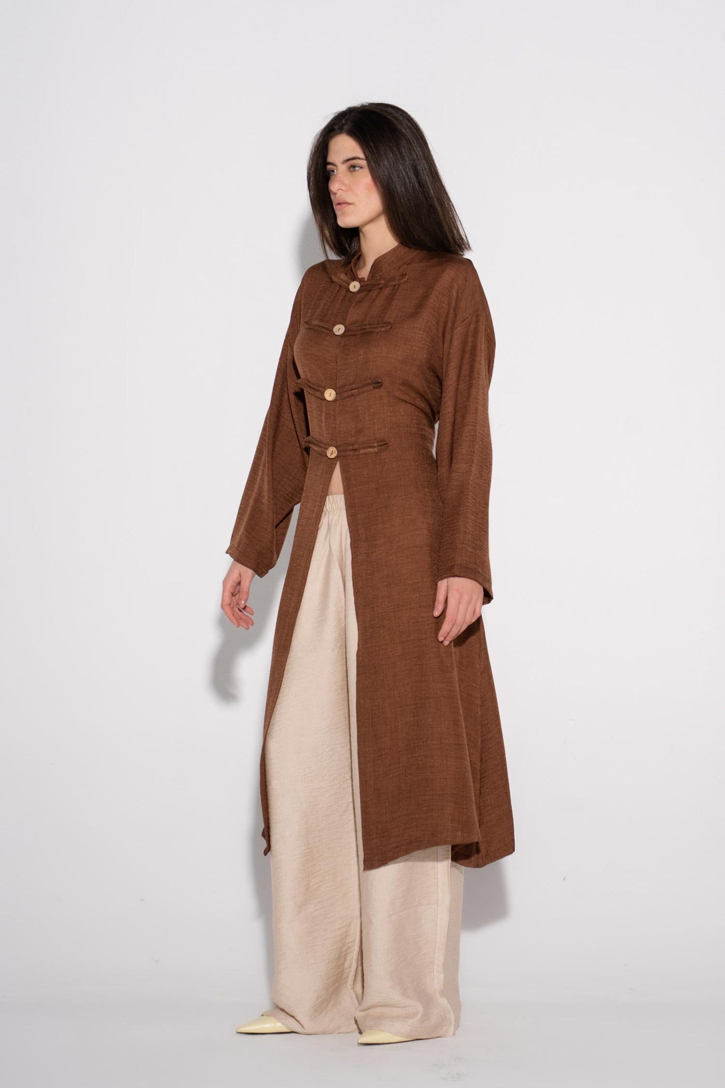 Longline Buttoned Kimono - Cafe