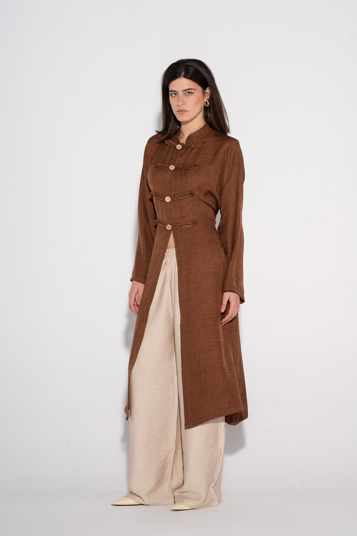 Longline Buttoned Kimono - Cafe