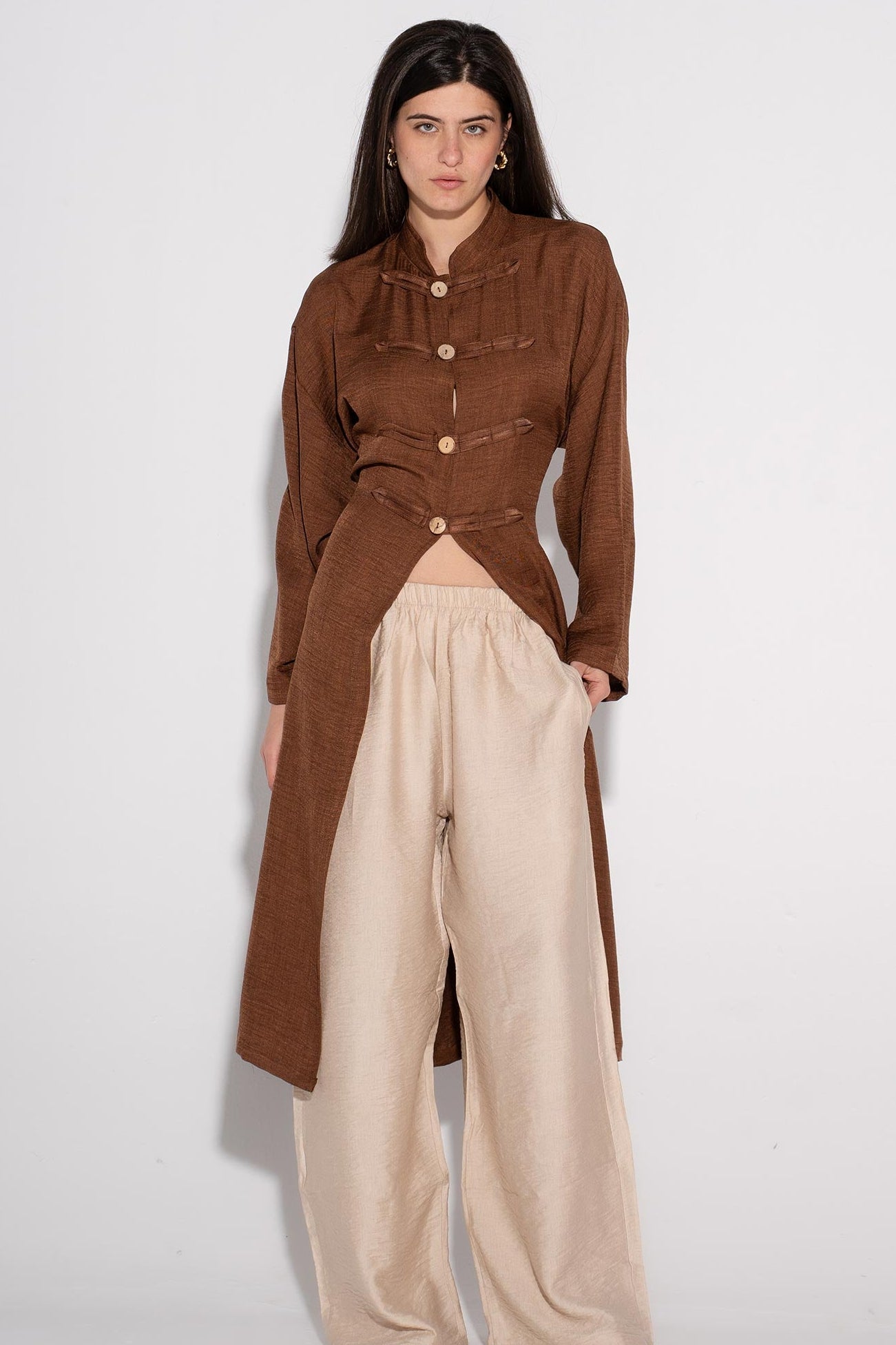 Longline Buttoned Kimono - Cafe