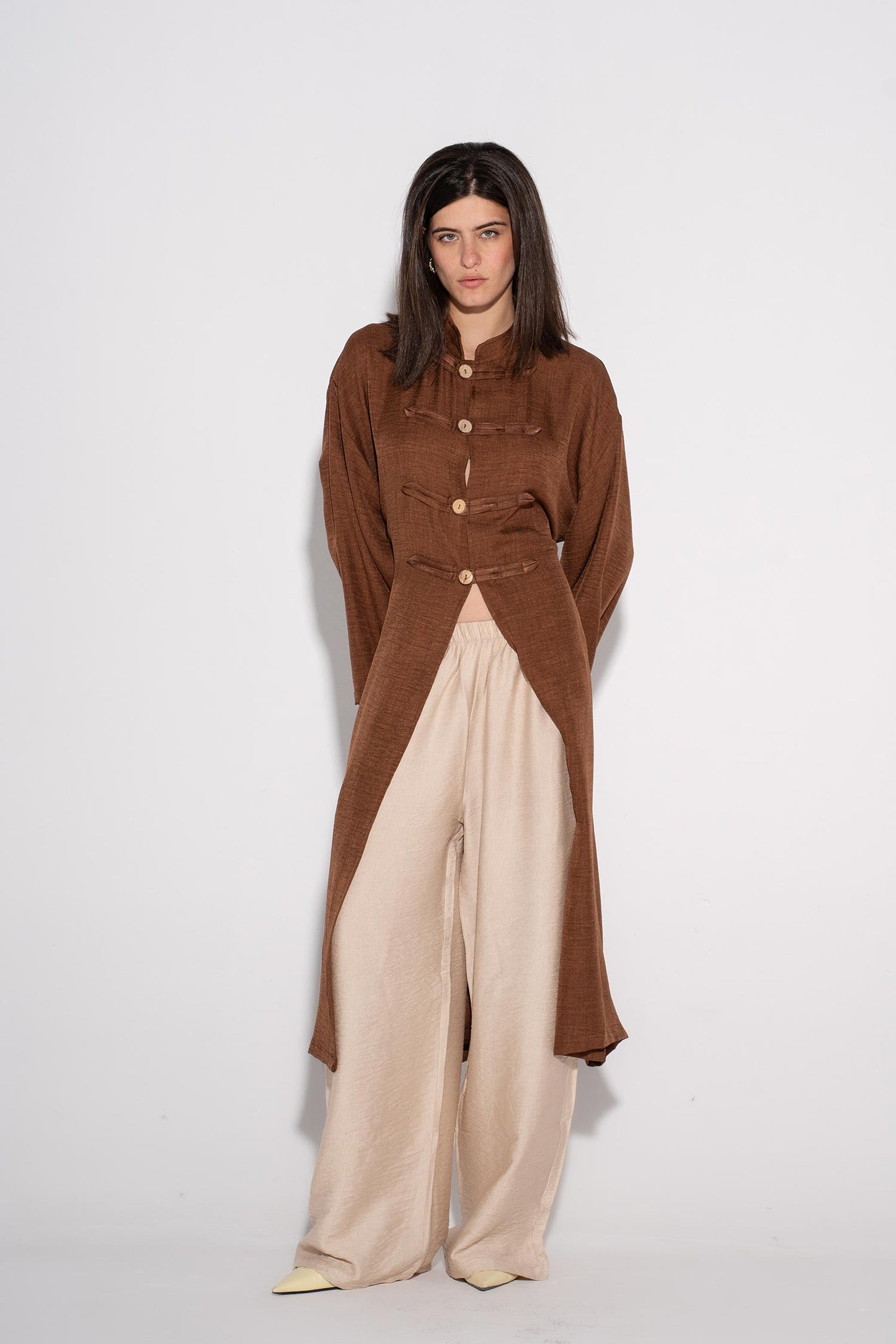 Longline Buttoned Kimono - Cafe