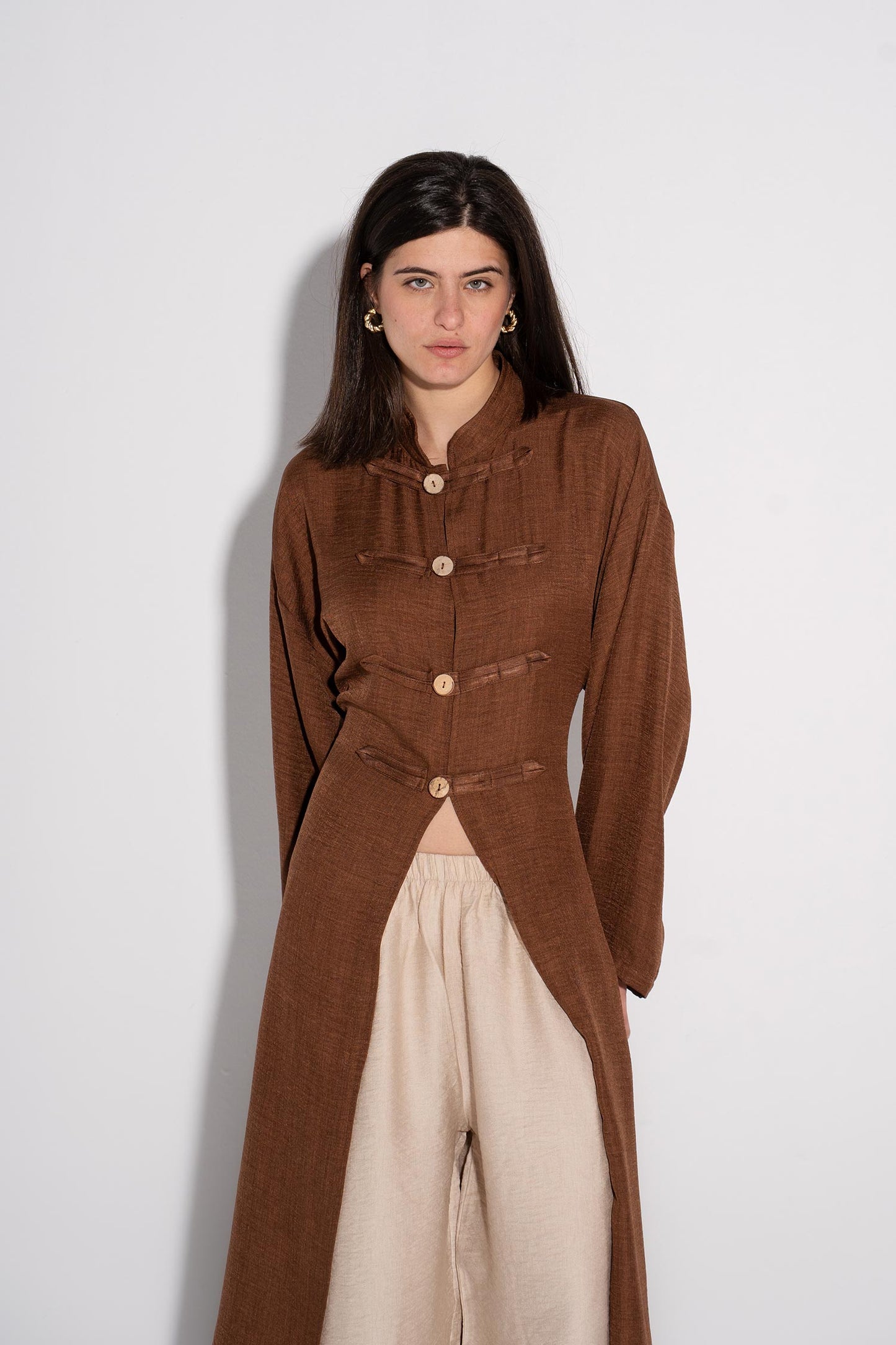 Longline Buttoned Kimono - Cafe
