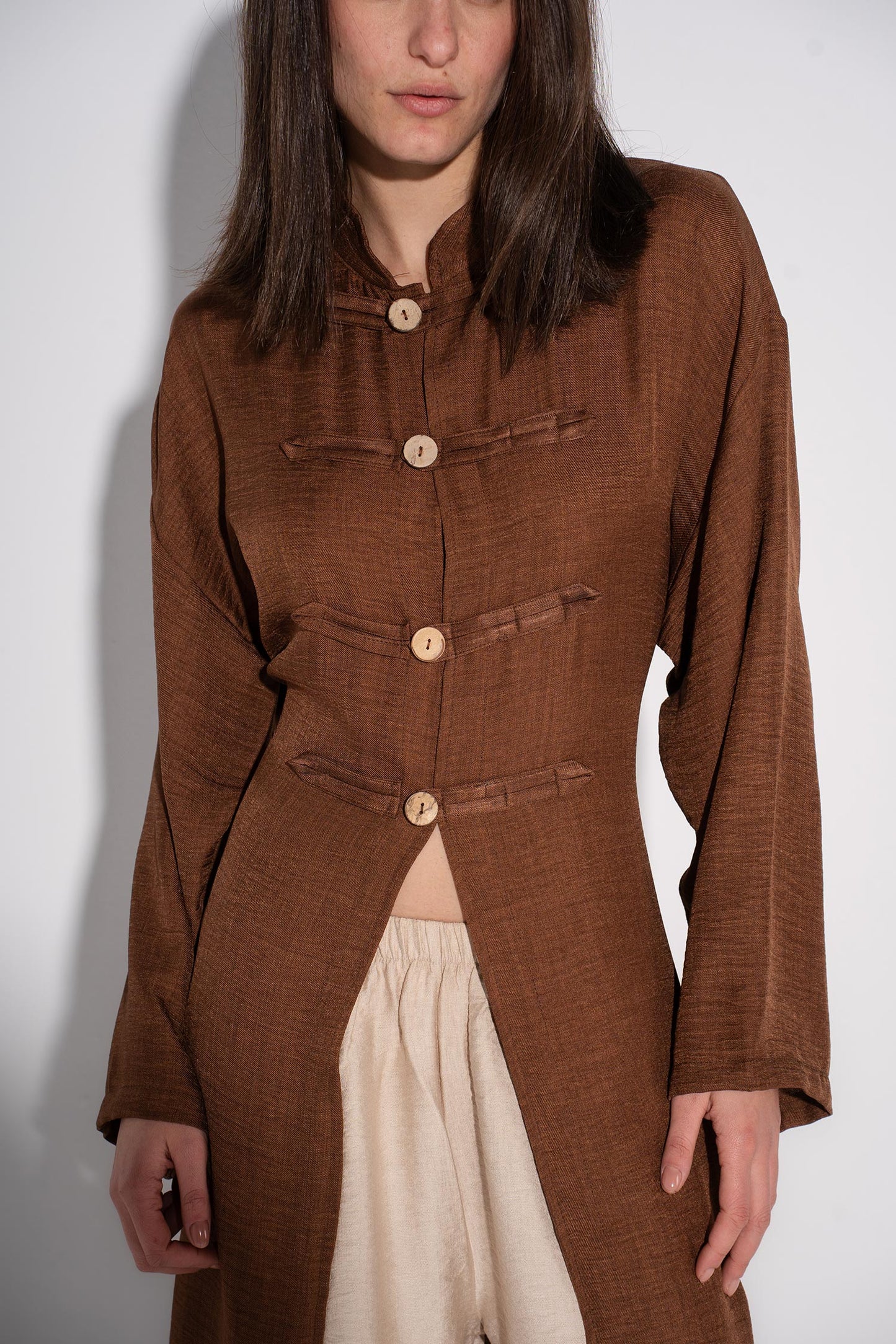 Longline Buttoned Kimono - Cafe