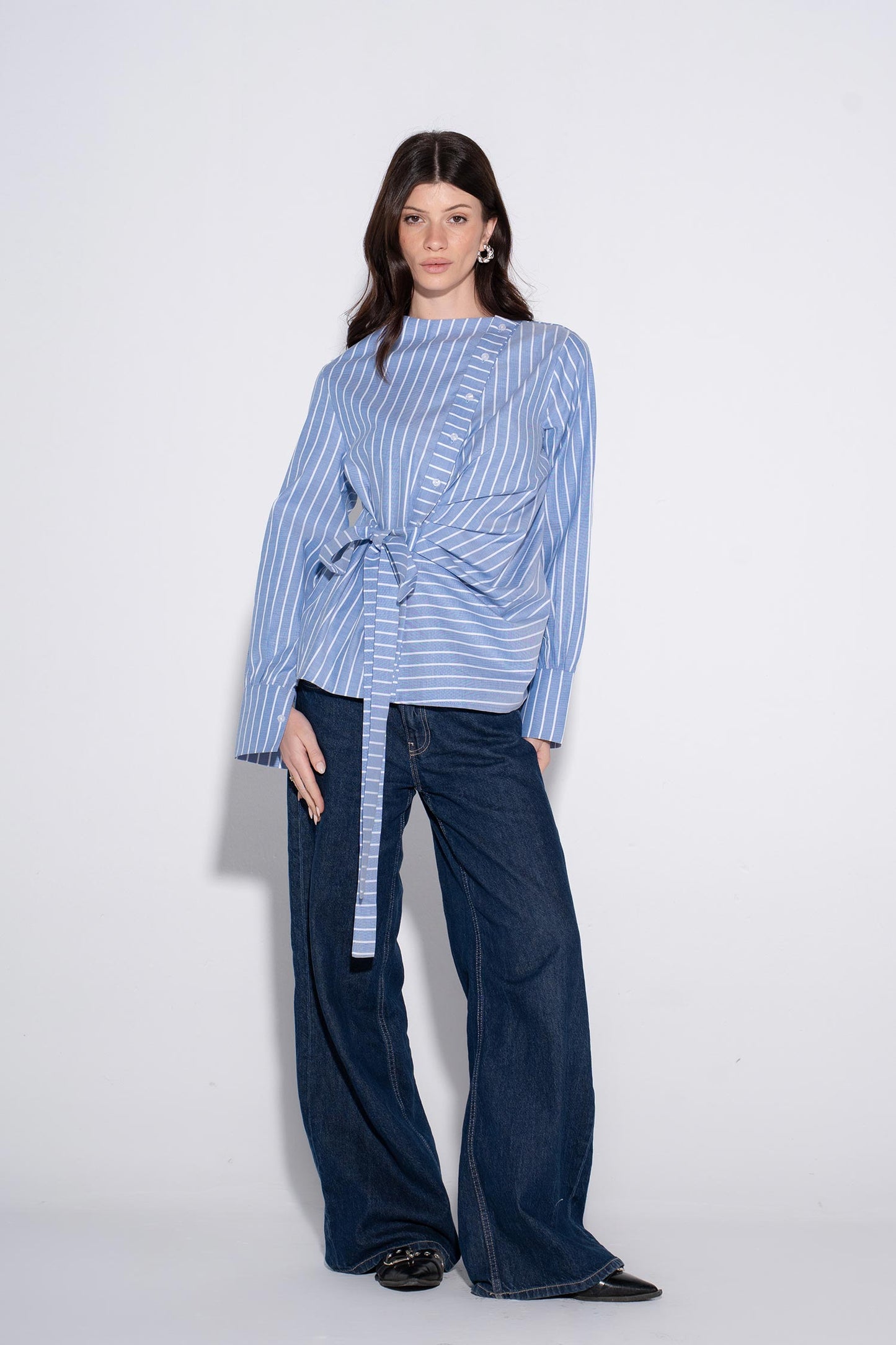 Striped Draped Wrap Shirt - Blue