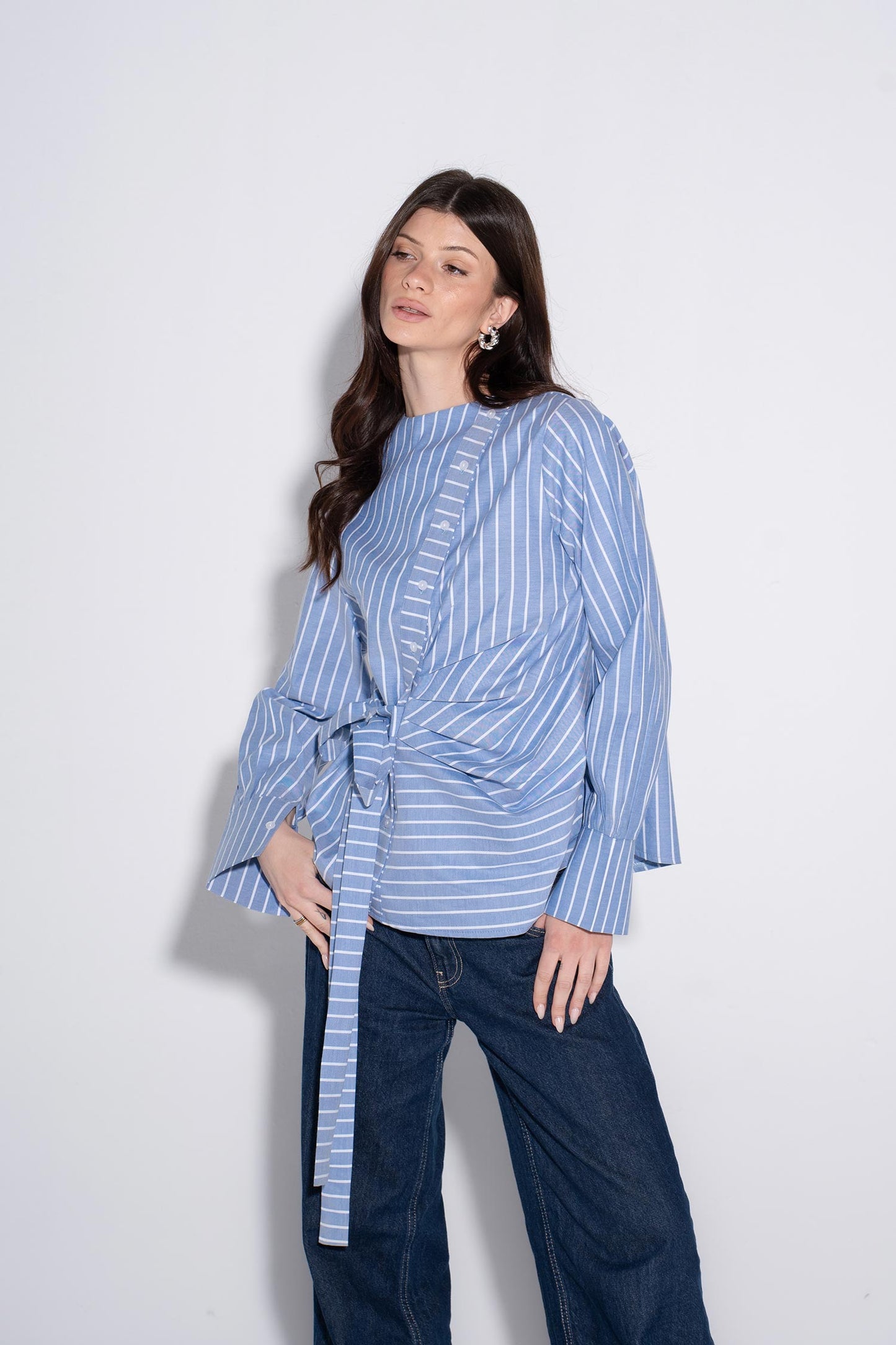 Striped Draped Wrap Shirt - Blue