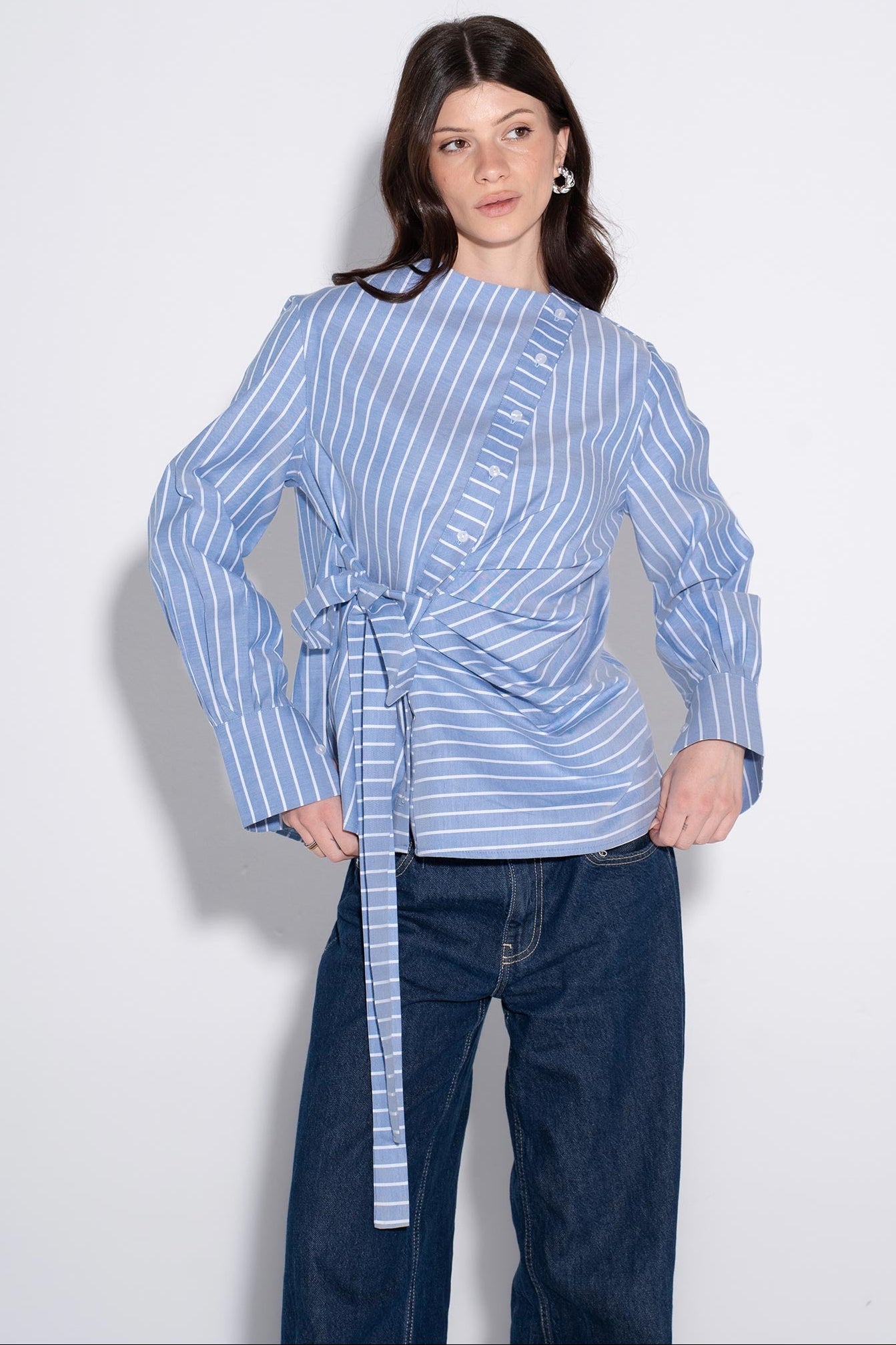 Striped Draped Wrap Shirt - Blue