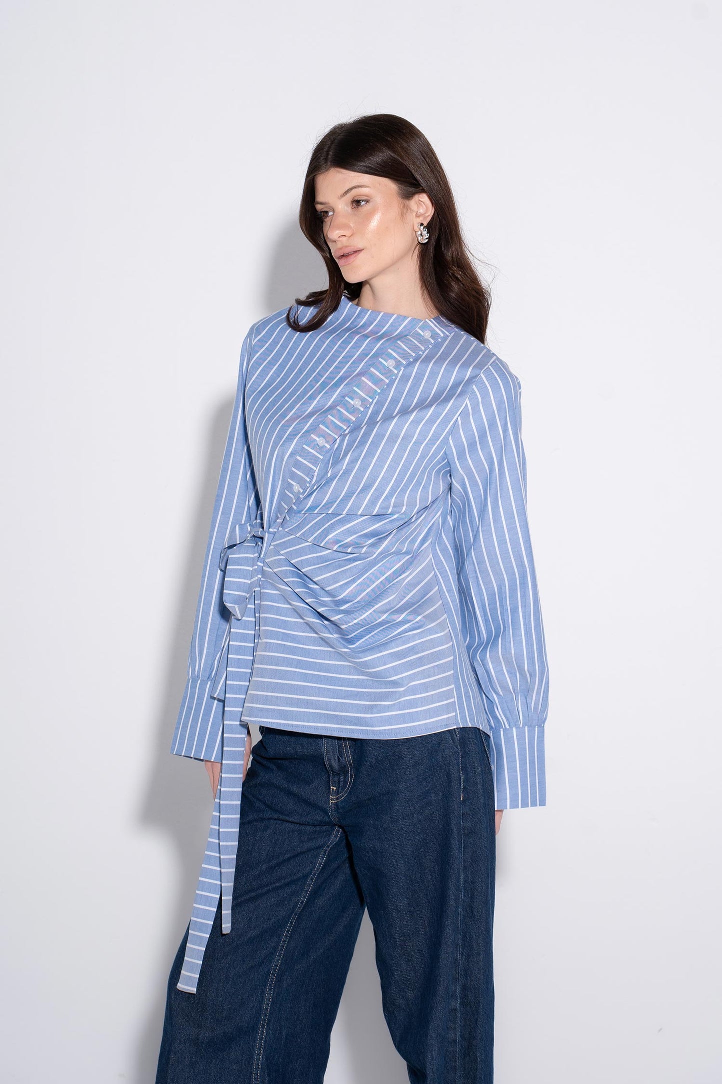Striped Draped Wrap Shirt - Blue