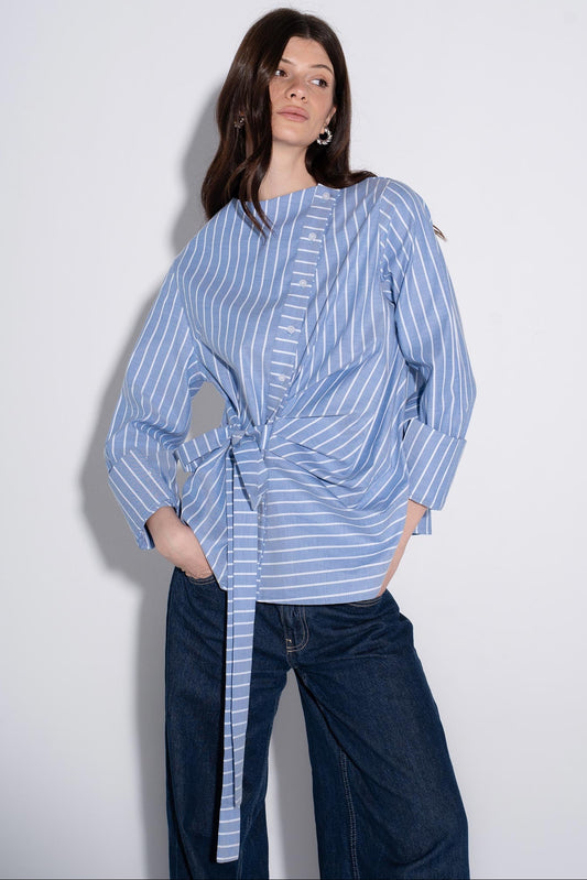 Striped Draped Wrap Shirt - Blue