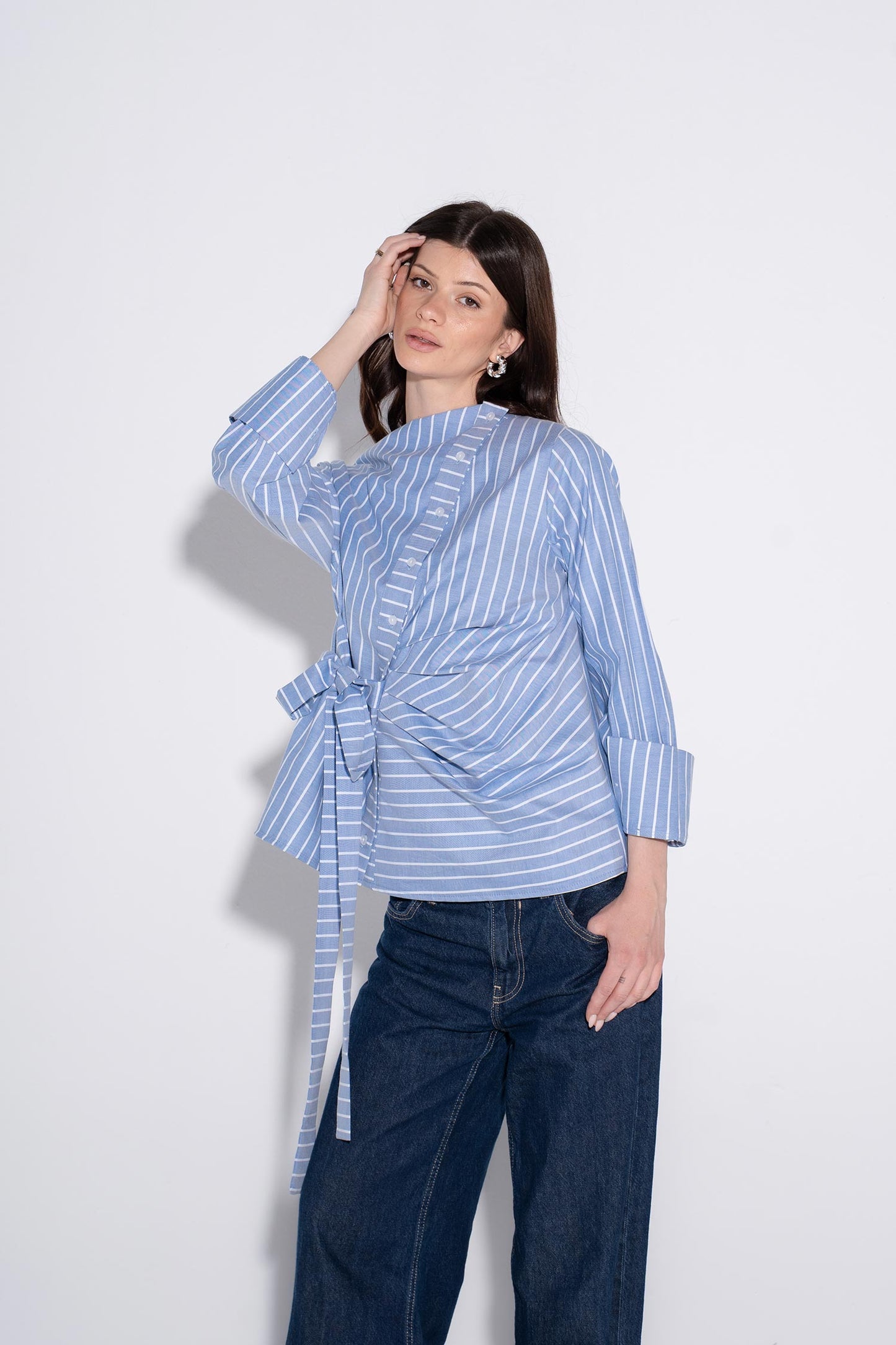 Striped Draped Wrap Shirt - Blue