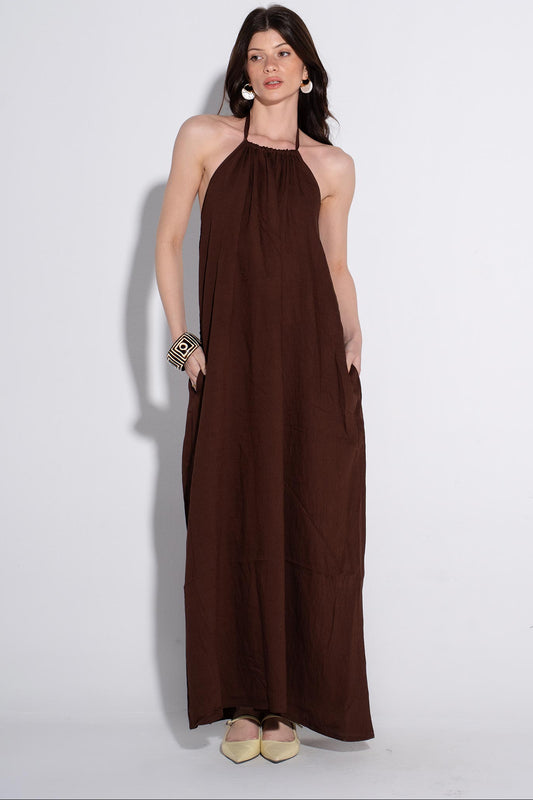 Halter Maxi Flow Dress - Brown