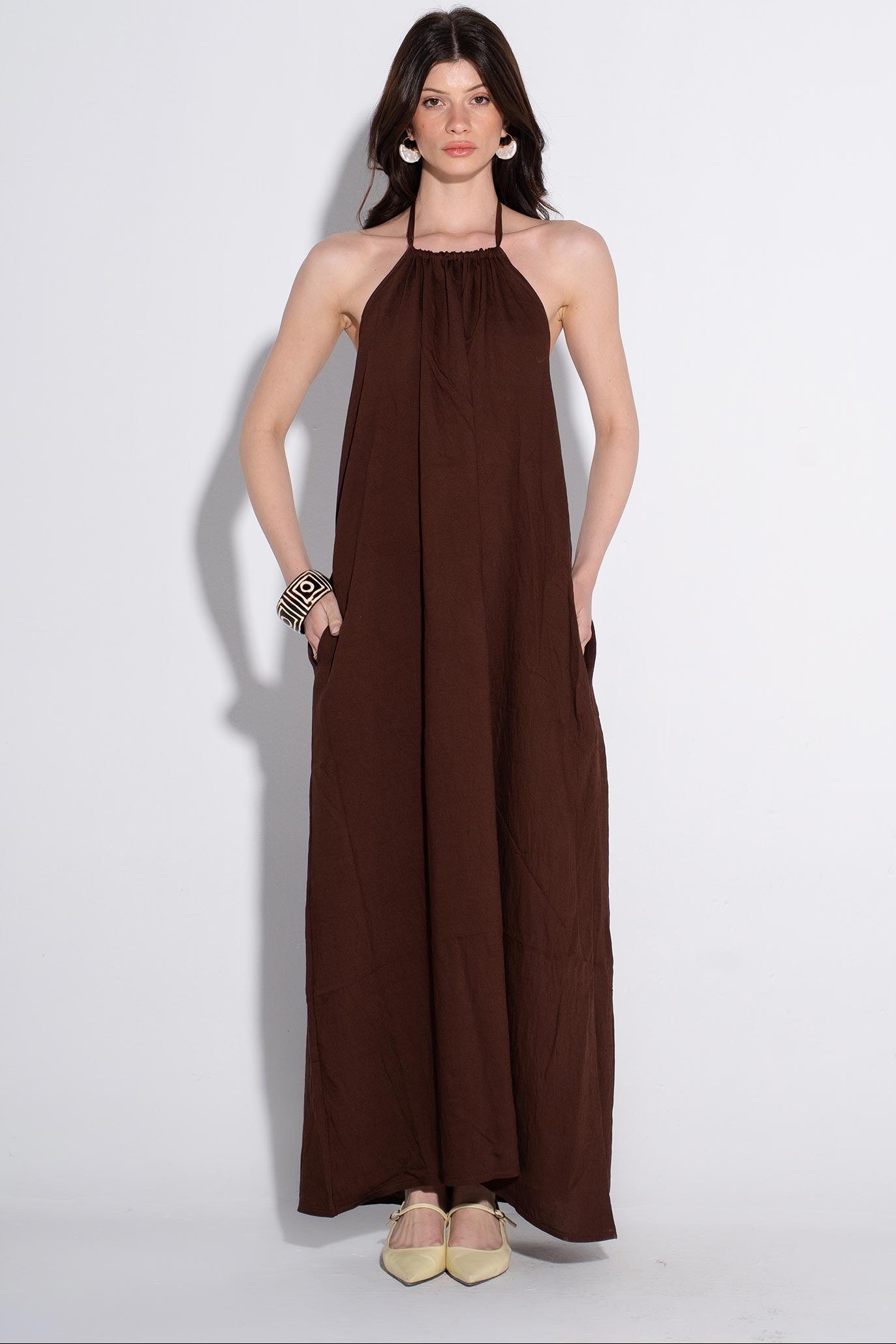 Halter Maxi Flow Dress - Brown