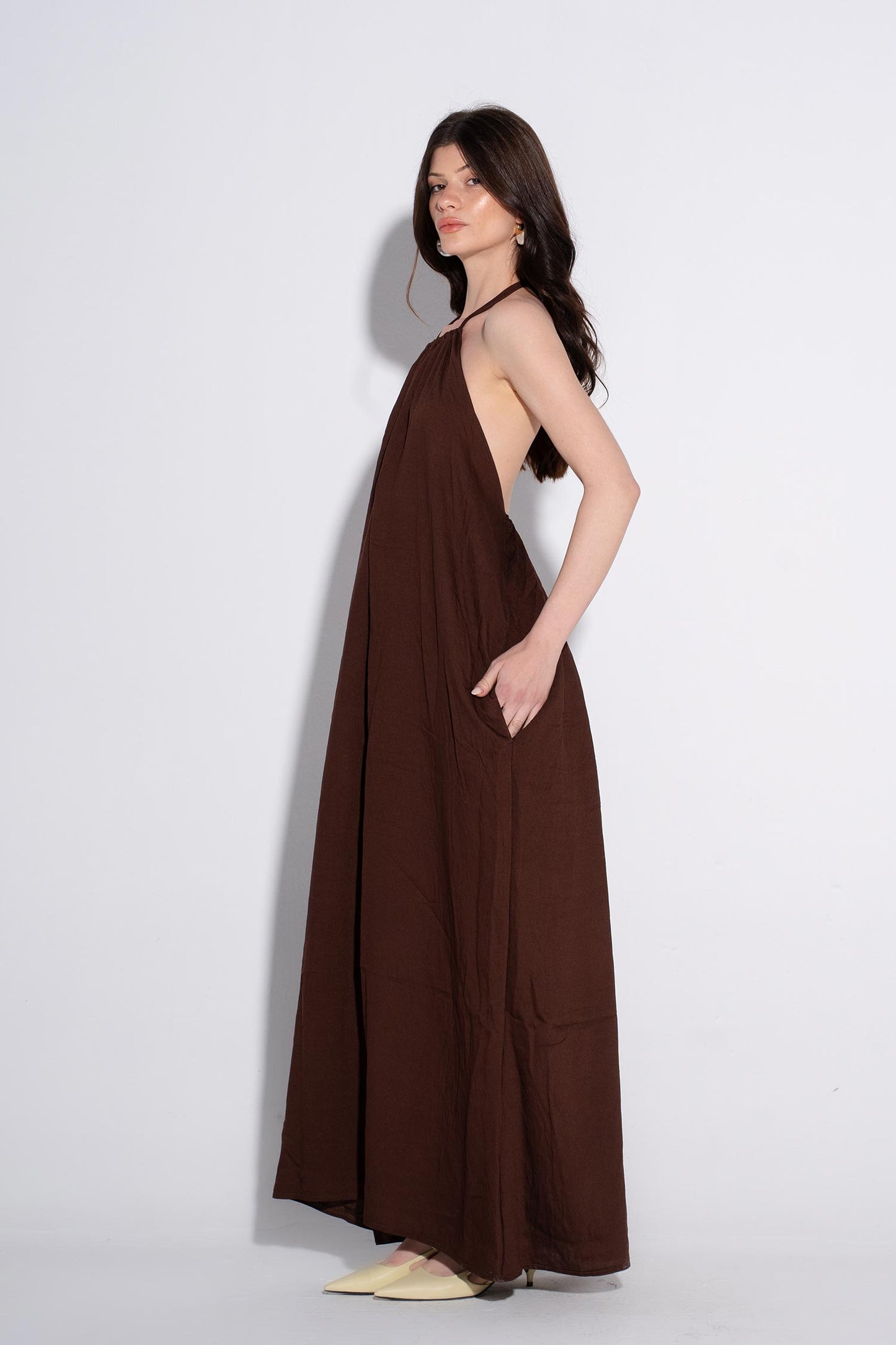 Halter Maxi Flow Dress - Brown