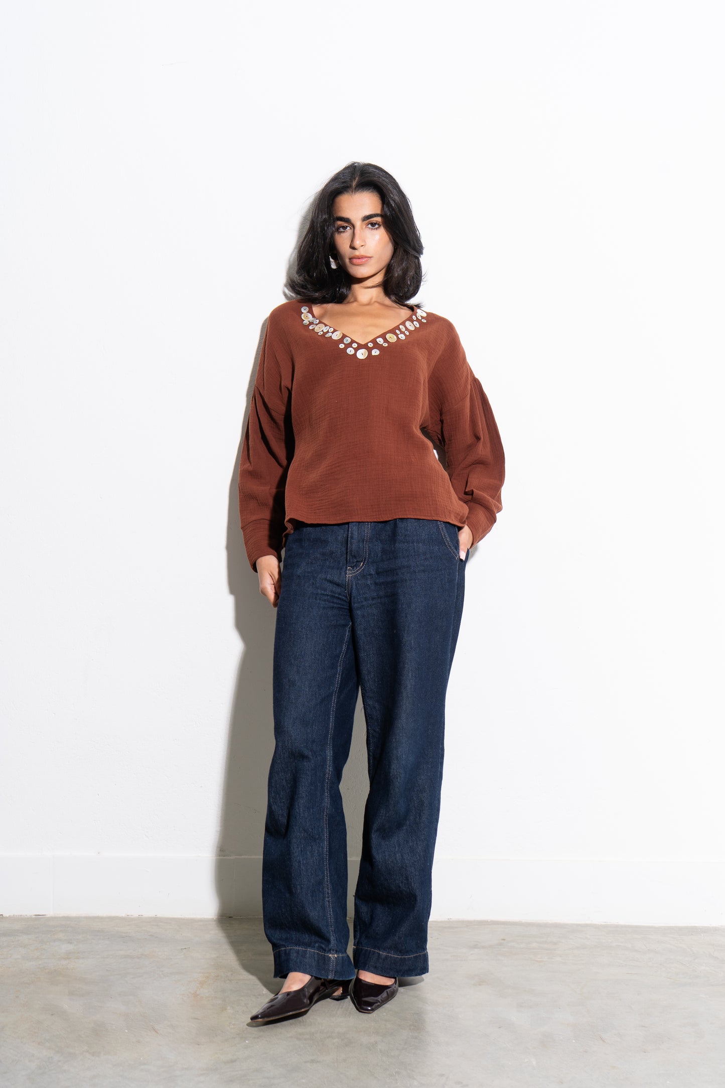 Seashell V-Neck Blouse - Brown