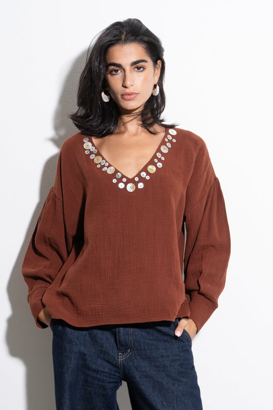 Seashell V-Neck Blouse - Brown
