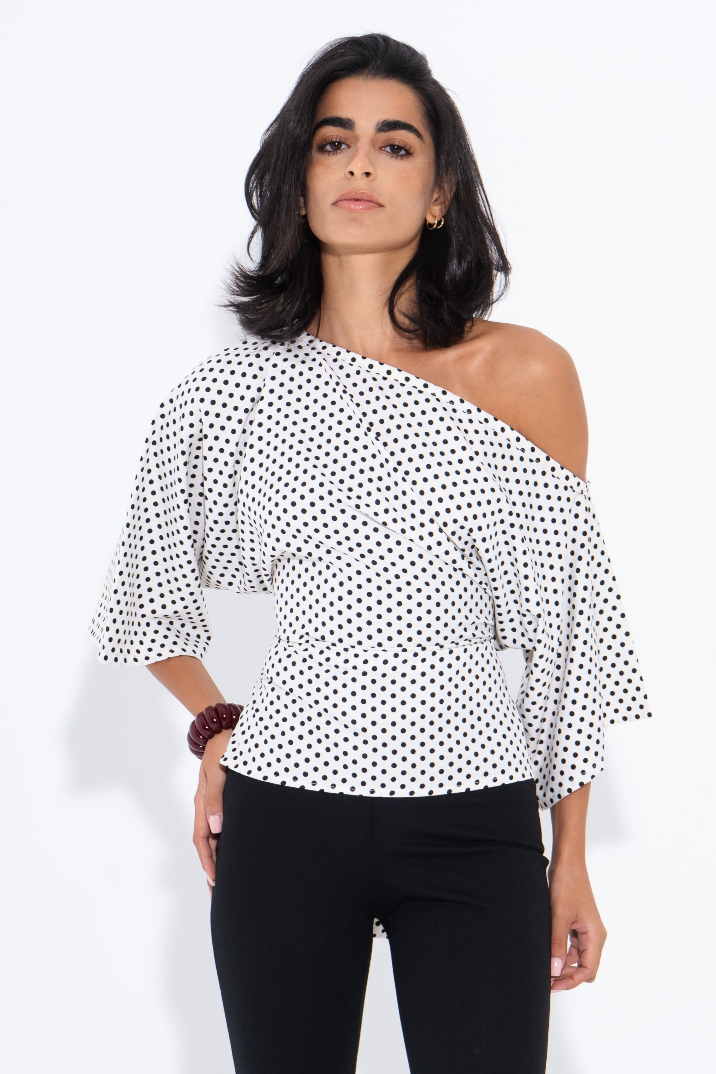 Polka Dots One Shoulder Top - White
