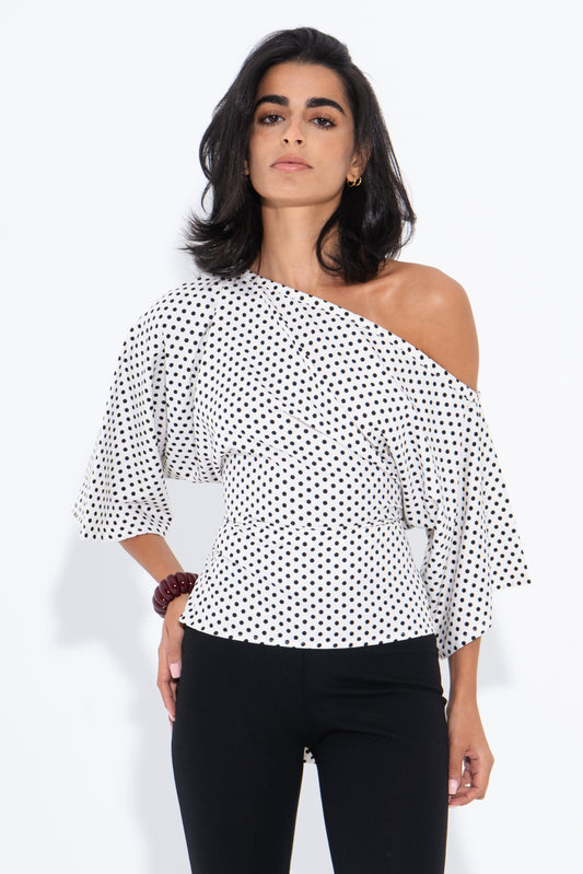 Polka Dots One Shoulder Top - White