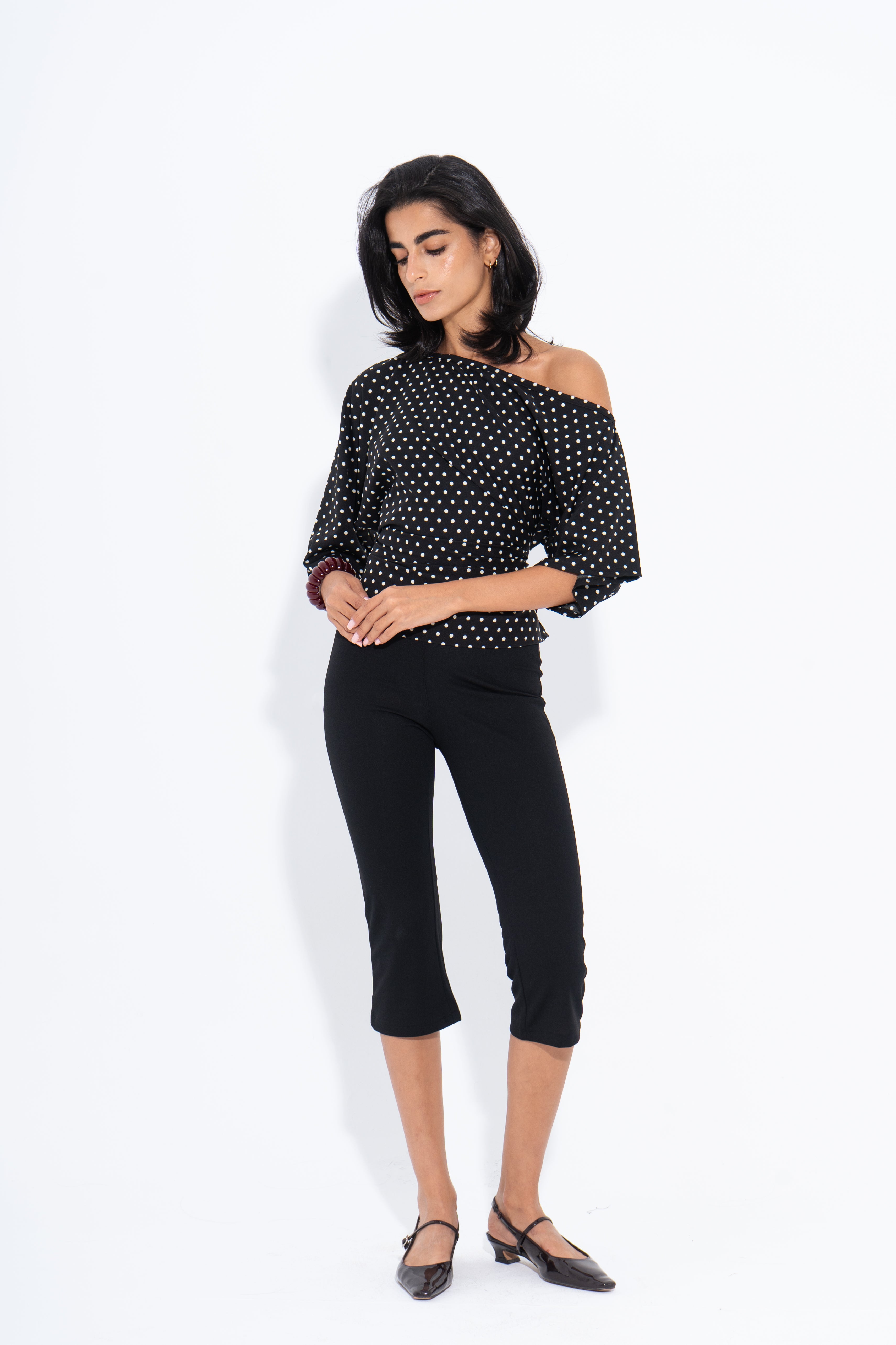 Polka Dots One Shoulder Top - Black