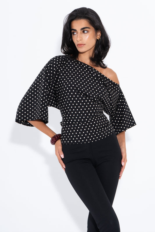 Polka Dots One Shoulder Top - Black
