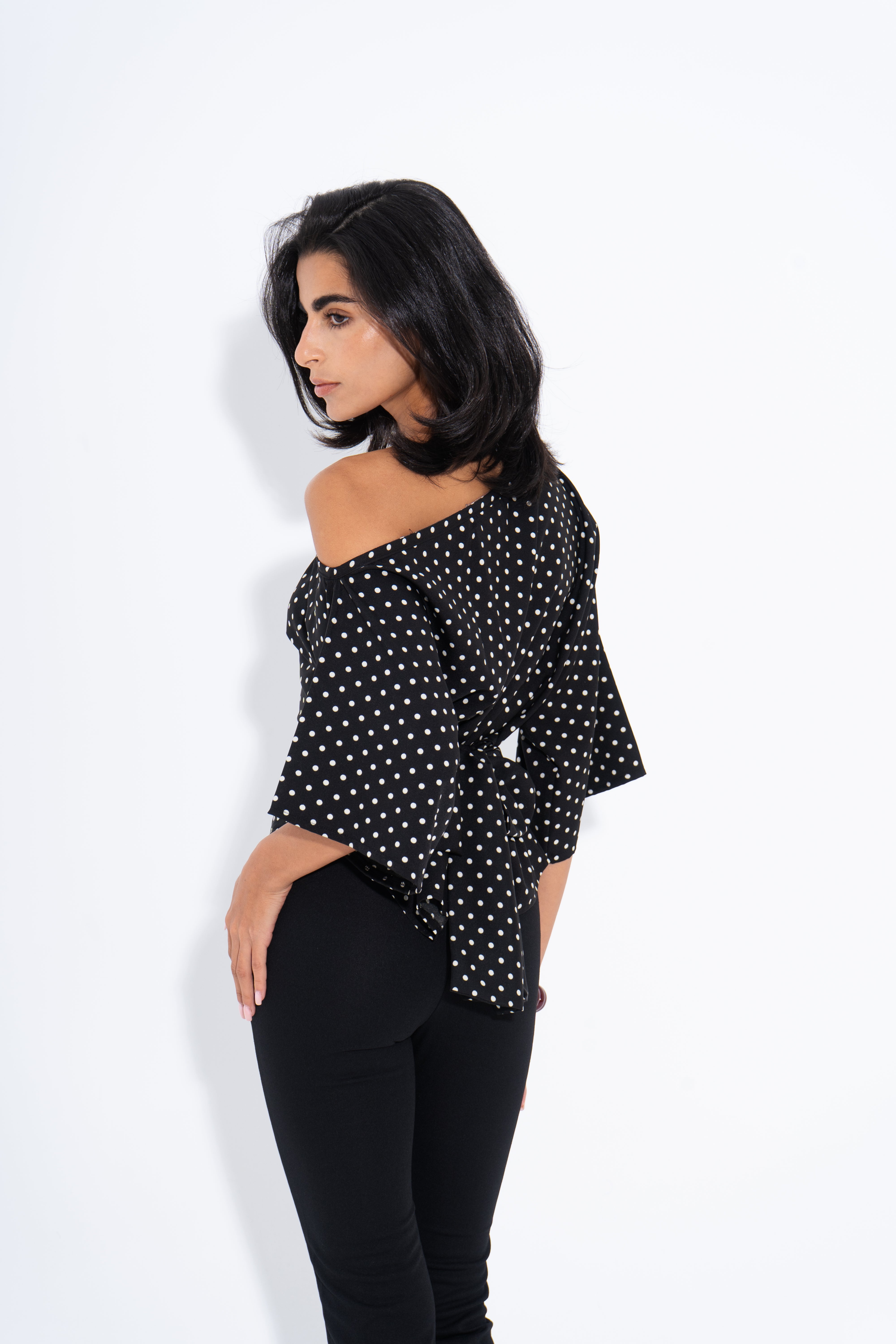 Polka Dots One Shoulder Top - Black