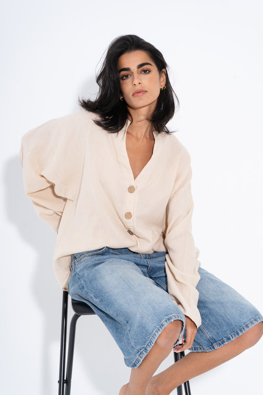 Oversized Buttoned Blouse - Beige