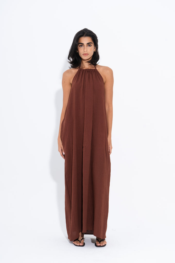 Halter Maxi Flow Dress - Brown