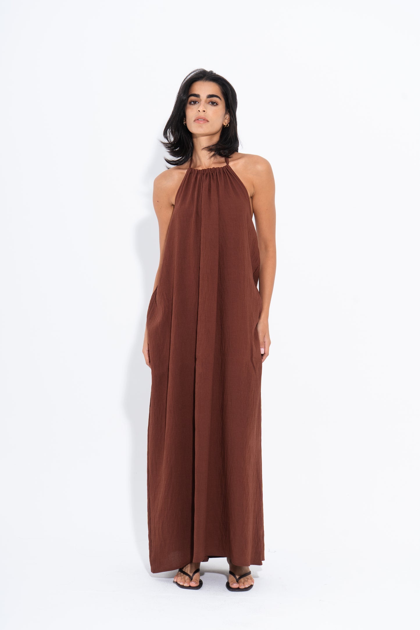 Halter Maxi Flow Dress - Brown