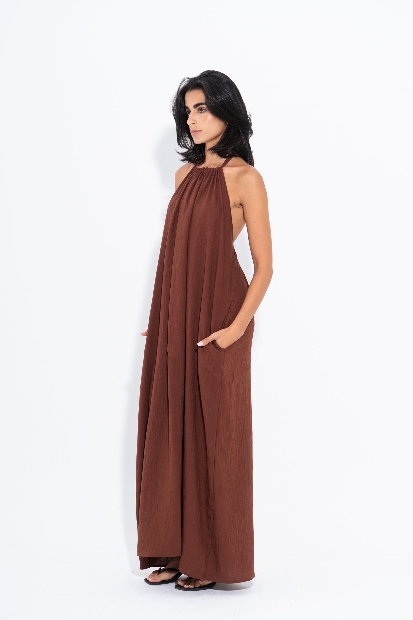 Halter Maxi Flow Dress - Brown