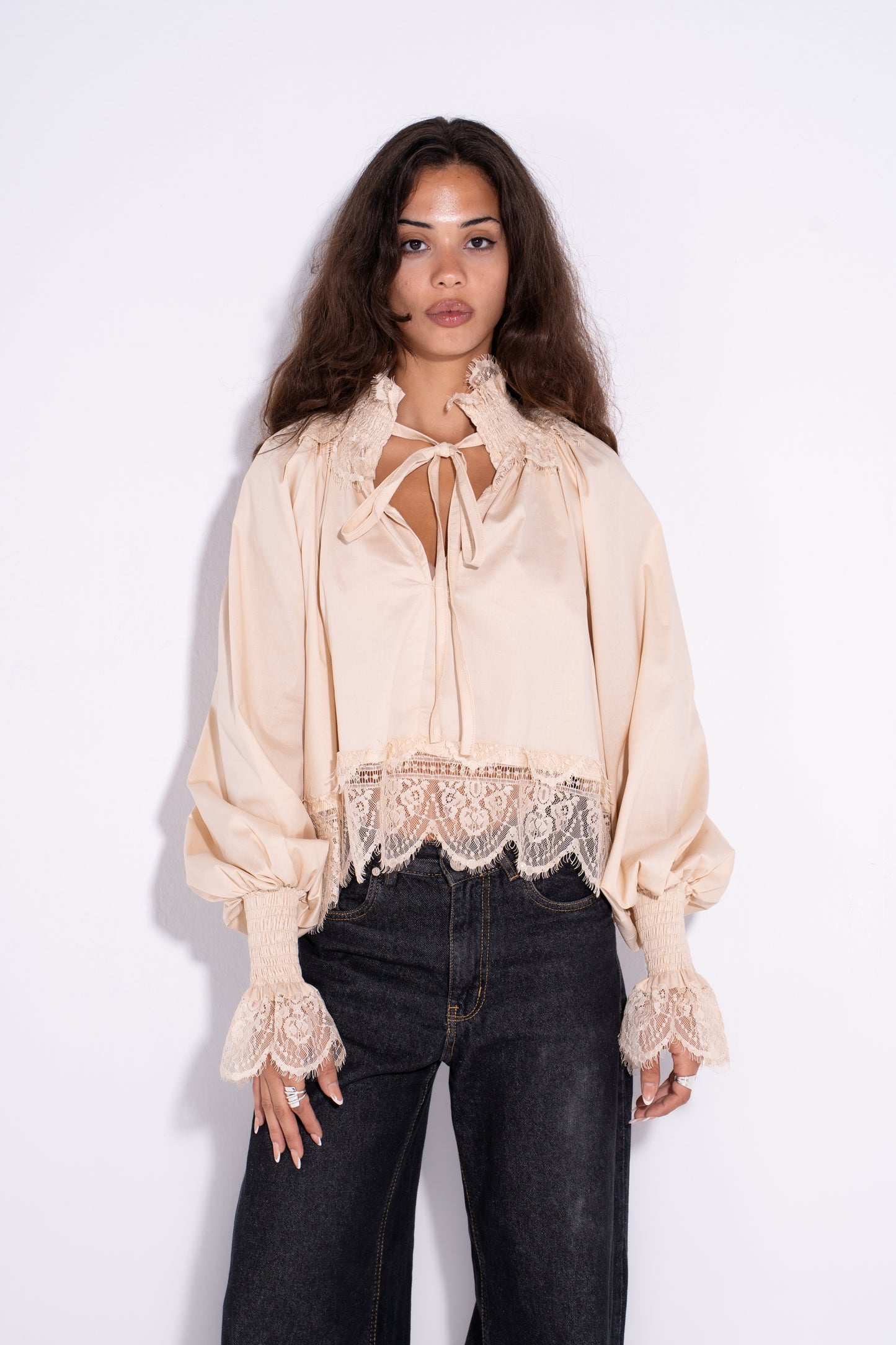 The Lace Up Blouse- Beige